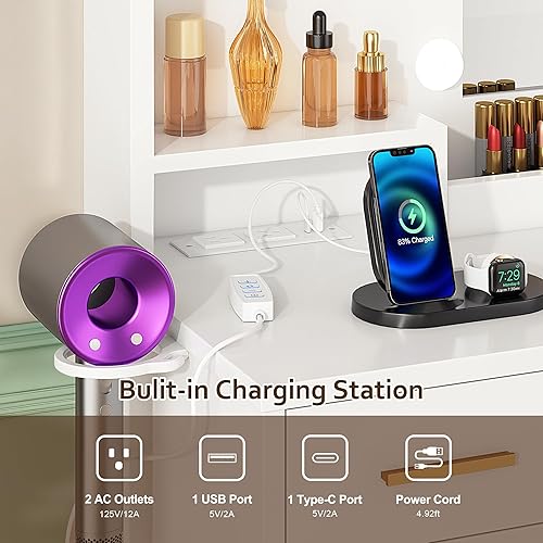 Vista 5 de Escritorio de tocador con espejo y 11 luces LED, mesa de tocador de maquillaje de 43 pulgadas con toma de corriente y silla, tocador con 3 cajones