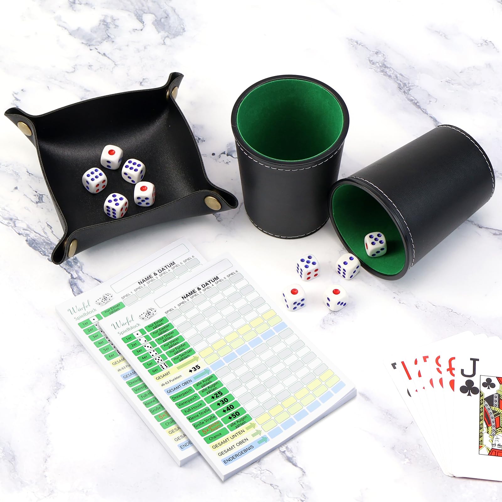 Set di bicchieri in pelle con 10 cubetti, blocco a mano, DIN A6, in pelle, con cubo e taglieri per Yahtzee Liar's Dice Sic BO