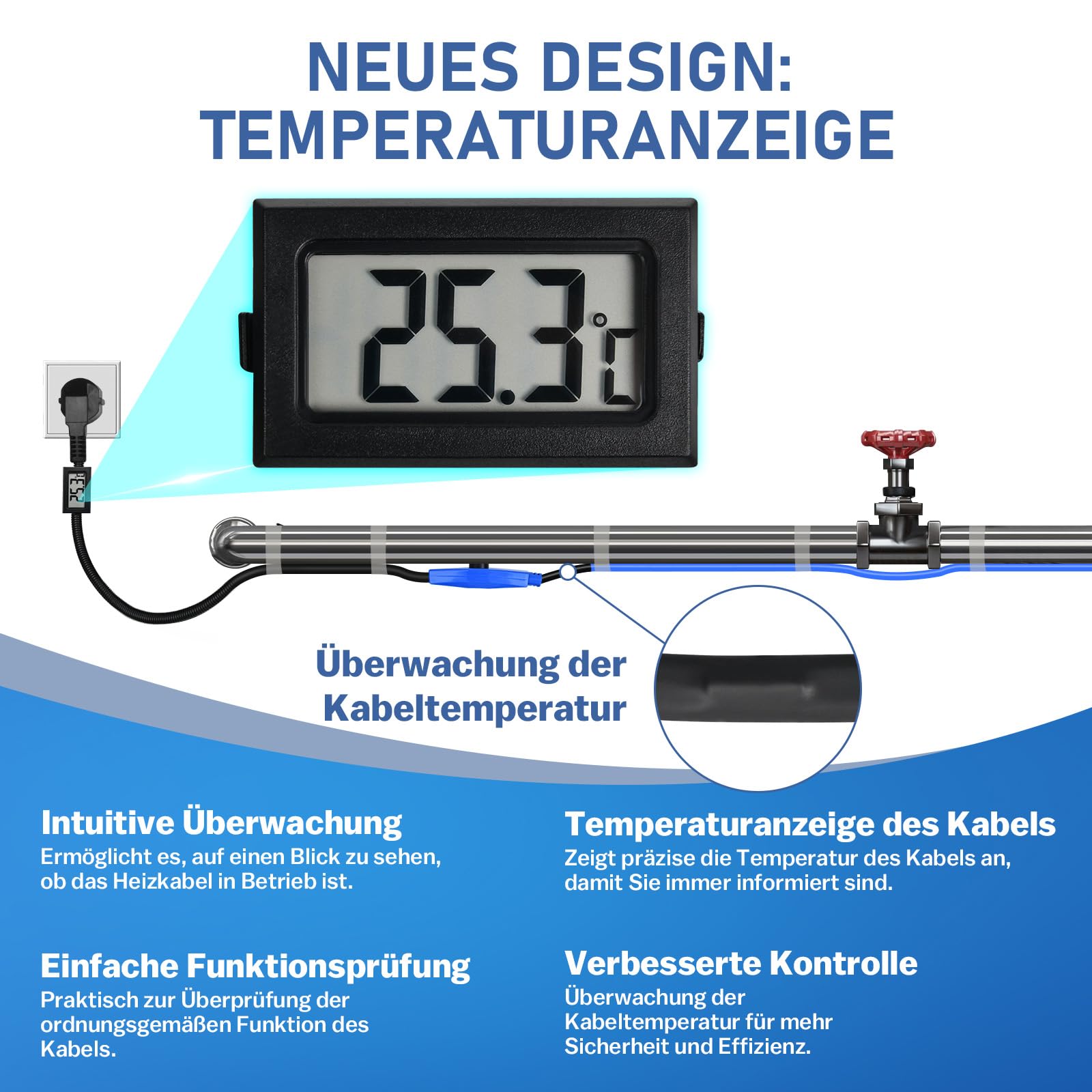 Cable calefactor antiheladas de 18 m con termostato e indicador de temperatura, 230 V, 16 W/M para tuberías de agua, resistente al agua, cable calefactor para tuberías
