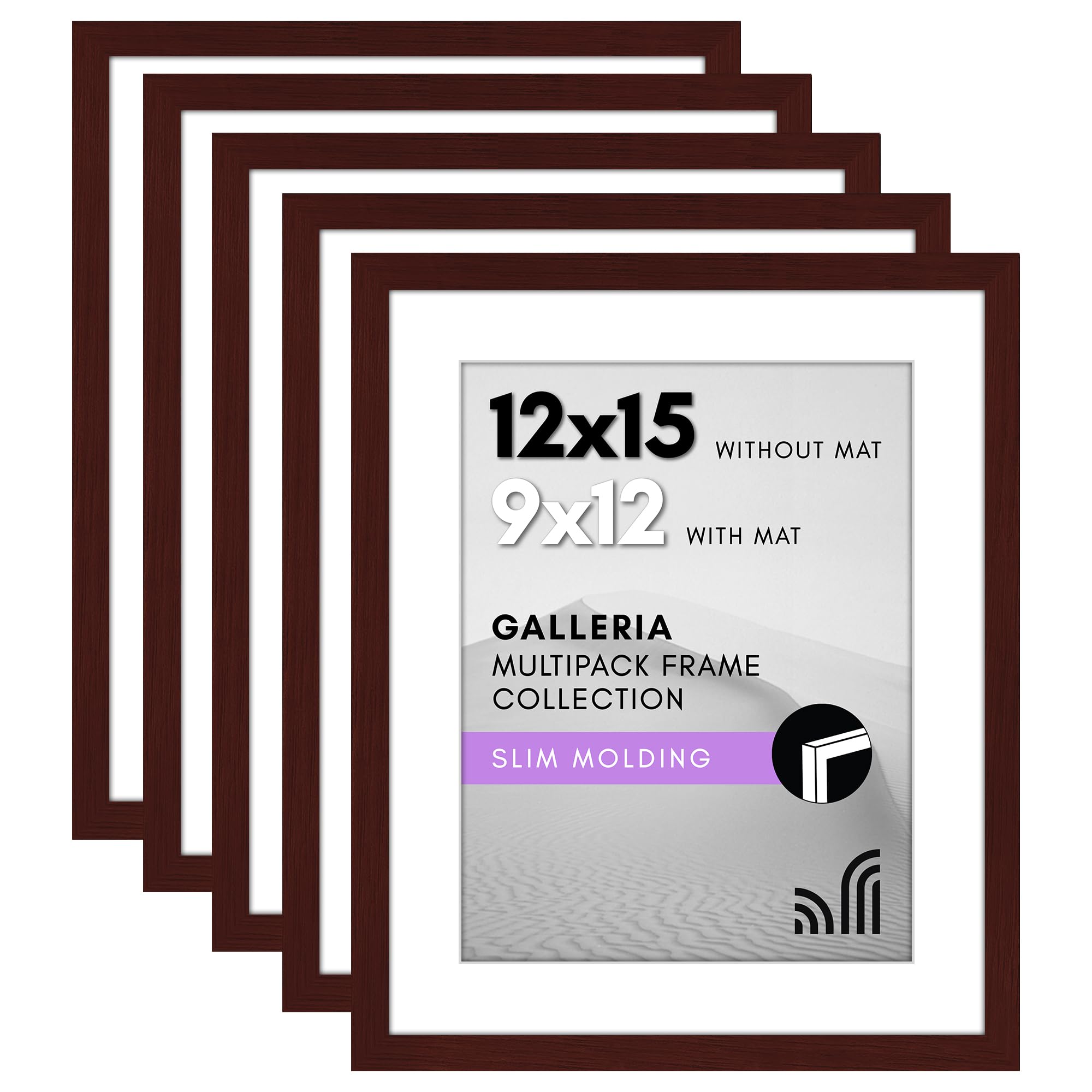 Americanflat 12x15 Picture Frame with Polished Plexiglass - Set of 5 - Use as 9x12 Frame with Mat or 12x15 Frame Without Mat - Galleria Collection - Gallery Wall Frame Set for Wall Display - Mahogany