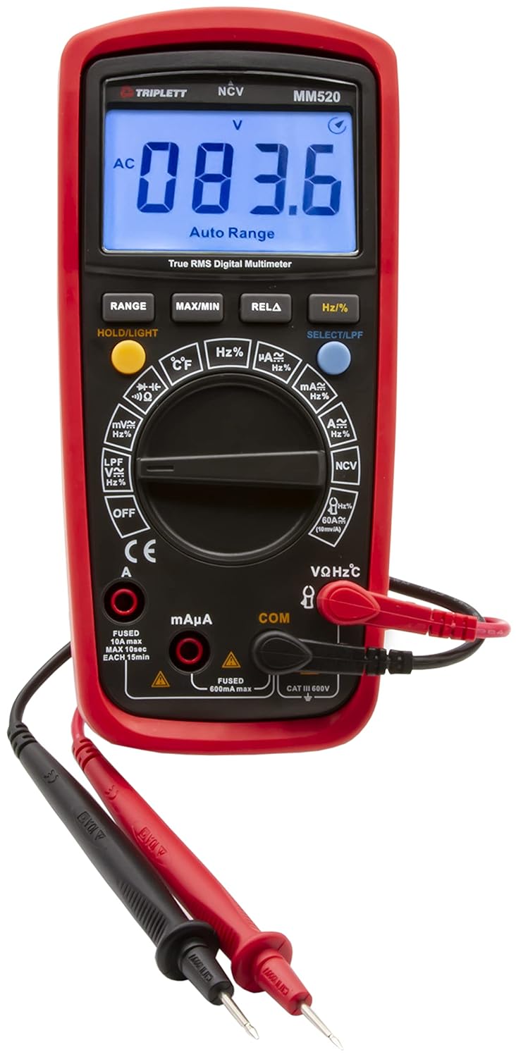 Triplett MM520 True RMS 6000 Count High Performance Digital Multimeter with Certificate of Calibration to NIST - AC/DC Voltage, AC/DC Current, Resistance, Temperature, Continuity