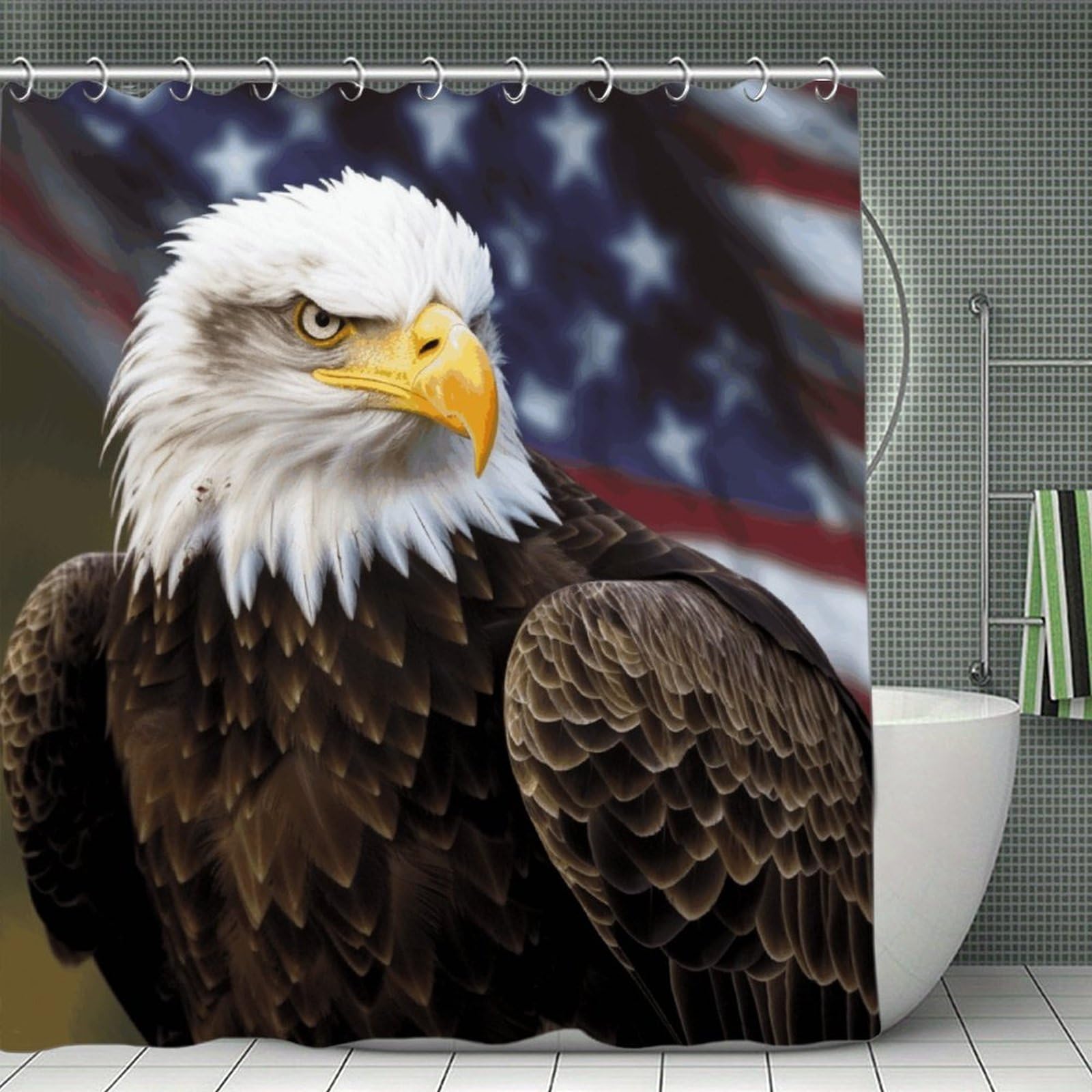 QMNLKH American Bald Eagle Shower Curtain with Hooks, Waterproof Bath Curtains for Bathroom, Lightweight Bath Curtains Liner for Hotel, Personalized Bath Curtain for Spa, 70.8 Inch