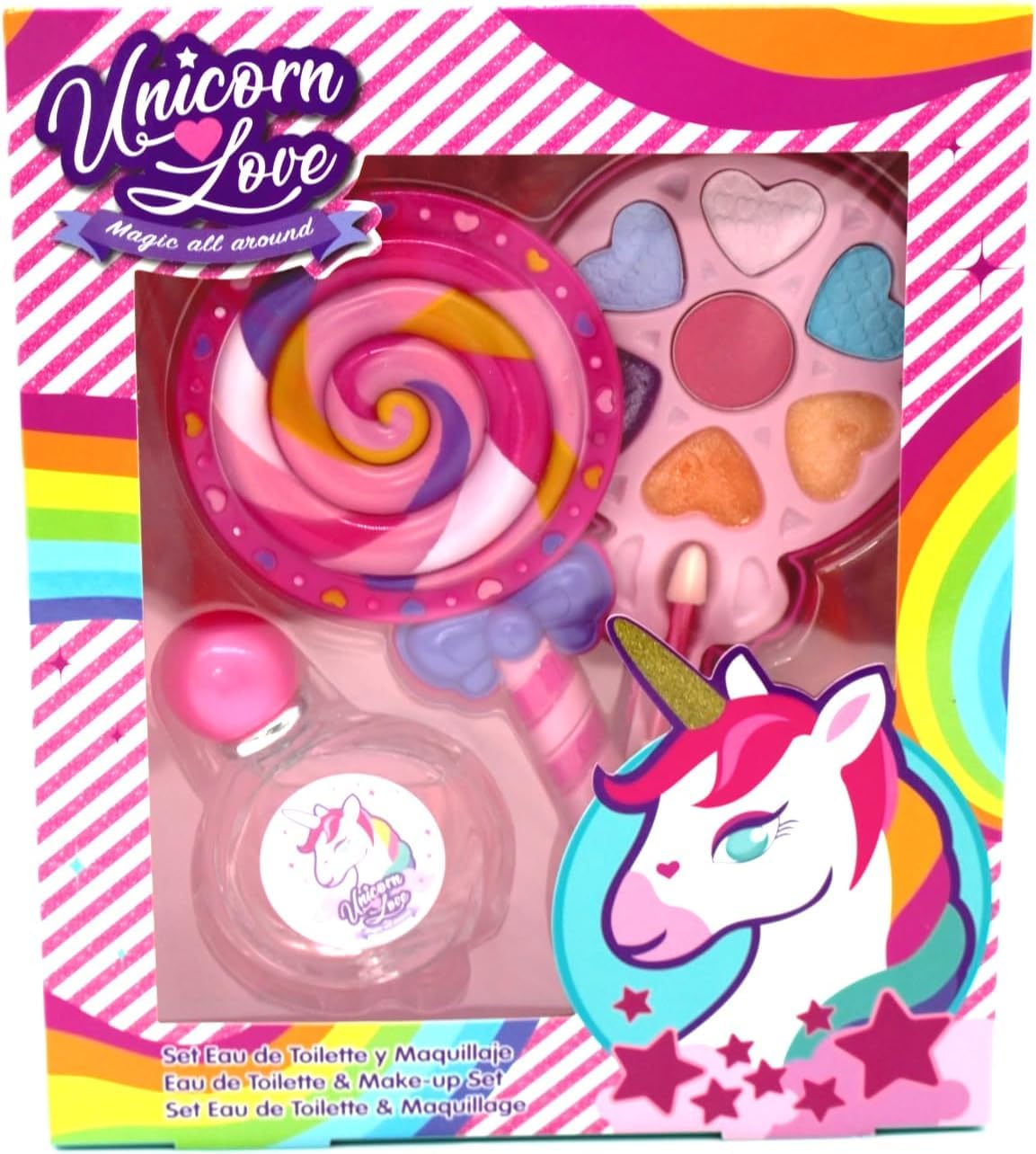 Unicorn Love Lollipop Make-up Set for Little Princesses - Complete Set with Eau de Toilette Spray (50ml), Eye Shadows, Blusher, Lip Gloss and Applicator