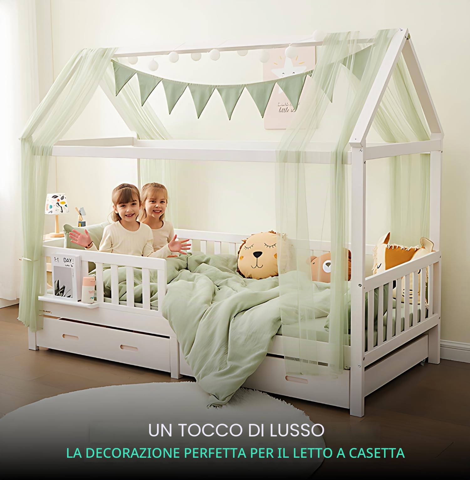 ALAVYA HOME® Set di 4 decorazioni per letto di casa, con 2 baldacchini, 1 bandierine, lunghezza 300 cm, per lettino, cameretta dei bambini, bandierine, 100% cotone biologico, 150 x 350 cm, con catena
