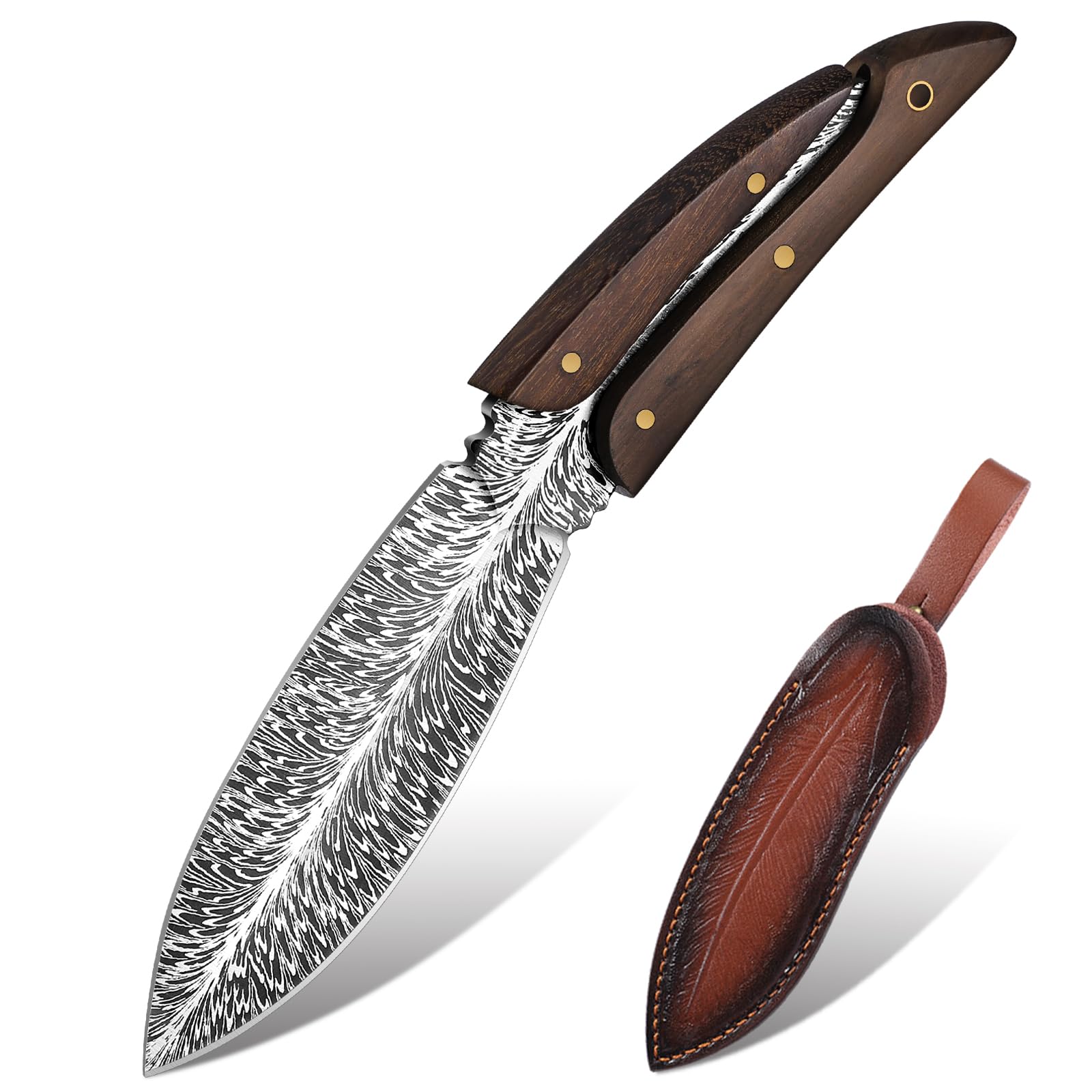 Japaknives Couteau de survie, couteau d'extérieur lame fixe, couteau de camping Full Tang, texture plume, grande collection