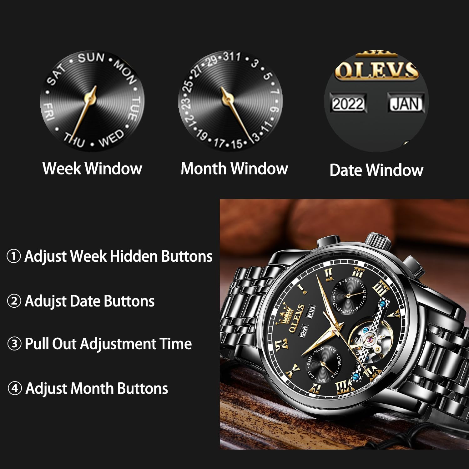 OLEVS Automatic Watch(No Battery Required) Men's Wrist Watches Self-Wind Mechanical Watches Fashion Classic Tourbillon Skeleton Watch Black Blue Green Face,Adjustable Bracelet (Gift Tool) - Image 6