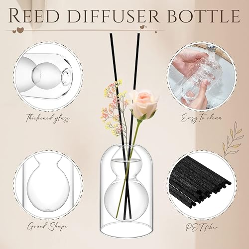 Miniatura 3 de 4 botellas de difusor de varillas de vidrio de aromaterapia de calabaza, vidrio recargable vacío con 25 varillas negras de varillas de 2 tamaños,