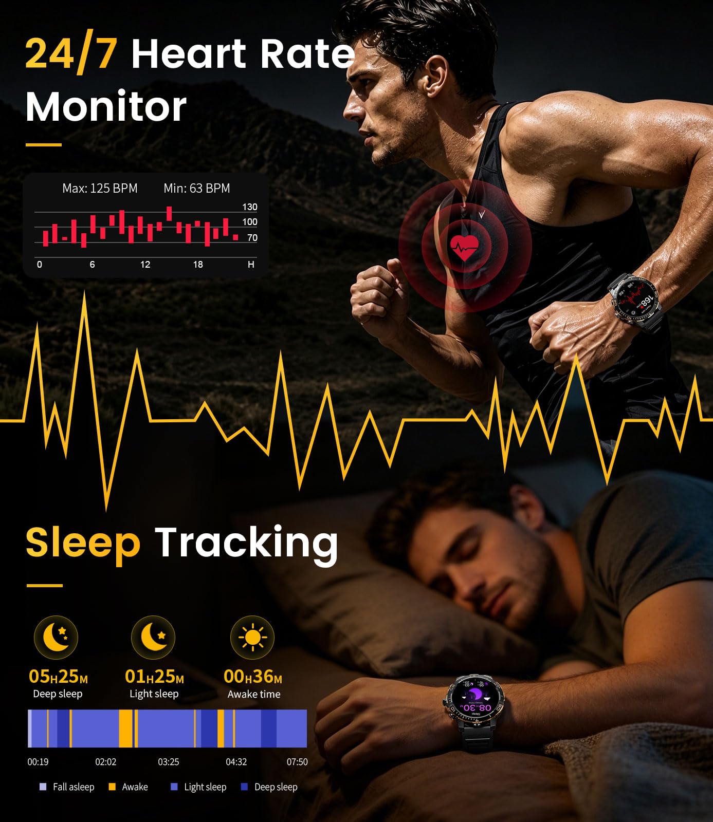 Montre Connectée Homme, 1,43"AMOLED Smartwatch avec Lampe Torche, Appels Bluetooth, 800 mAh, IP68 Étanche, 200+ Modes Sportifs, Suivi de la Fréquence Cardiaque et Sommeil iOS/Android, Noir