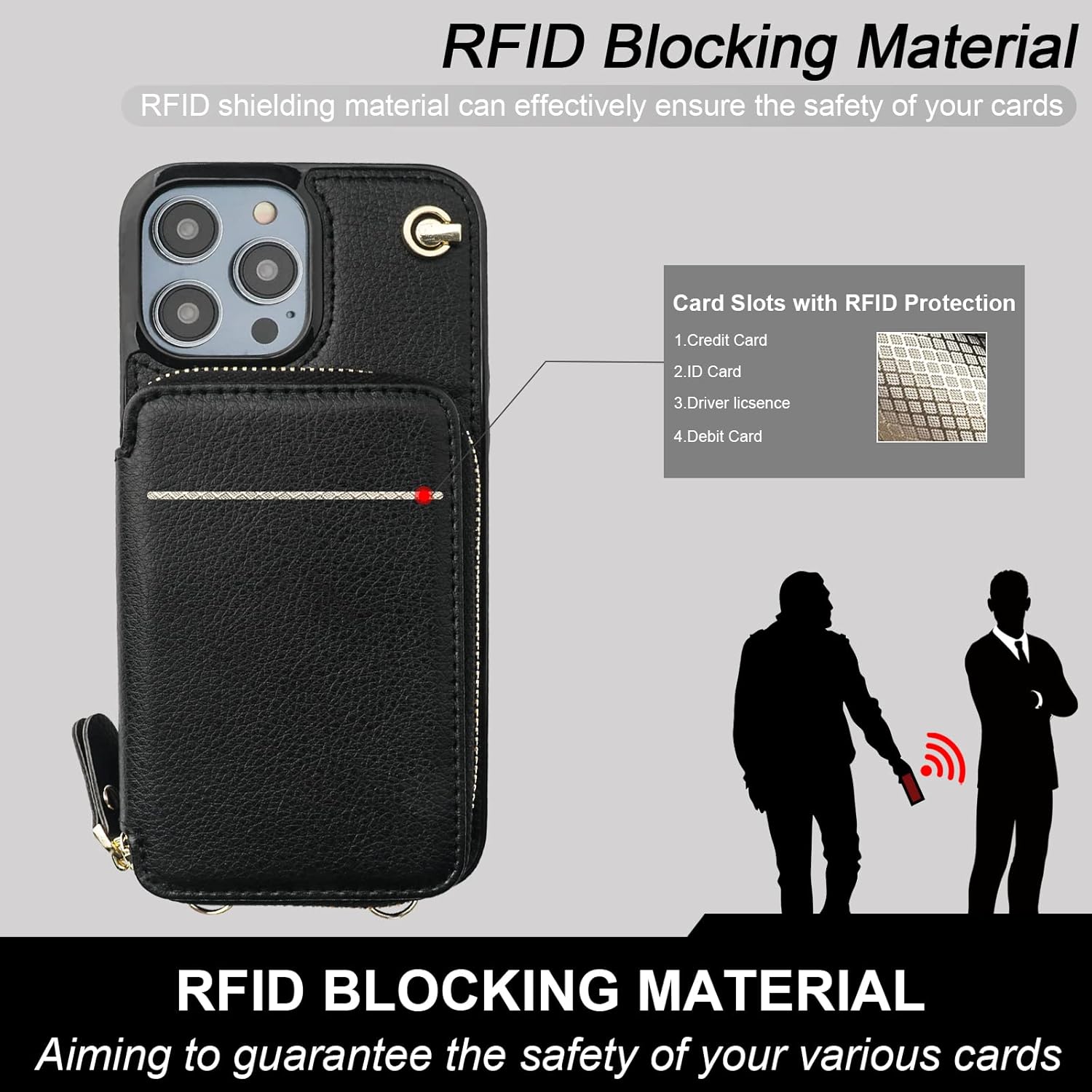 Bocasal Crossbody Wallet Case for iPhone 14 Pro, RFID Blocking Leather Purse Case with Card Holder, Protective Handbag Flip Cover with Slots Zipper Wrist Strap Lanyard for Women 5G 6.1 Inch (Black) - Image 3