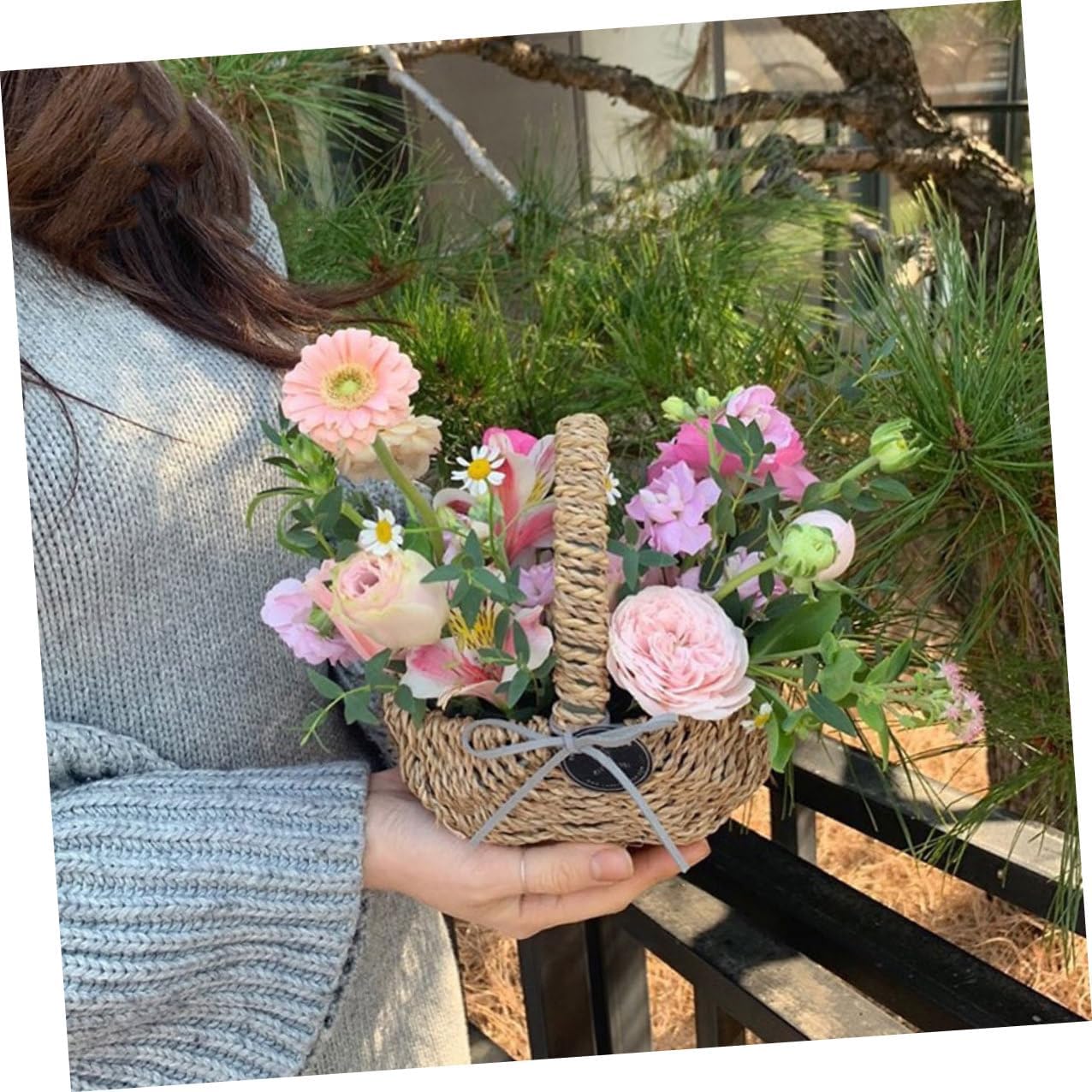 SHINEOFI Wedding Flower Basket Handheld Woven Flower Girl Basket Small Korean Style for Wedding Ceremony