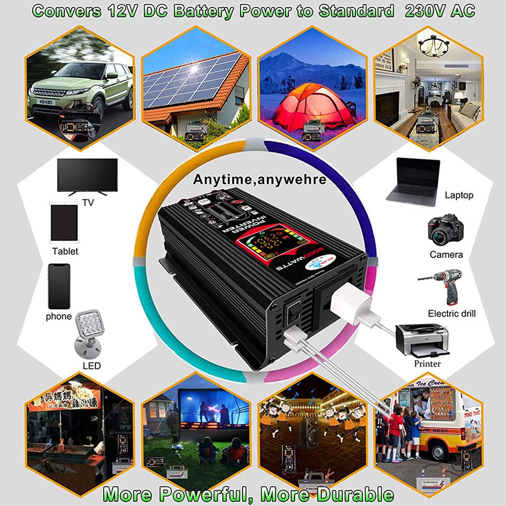Inversor de transformador (12 V, 220 V, 6000 W, 2 puertos USB 2.1 A, para coche camión