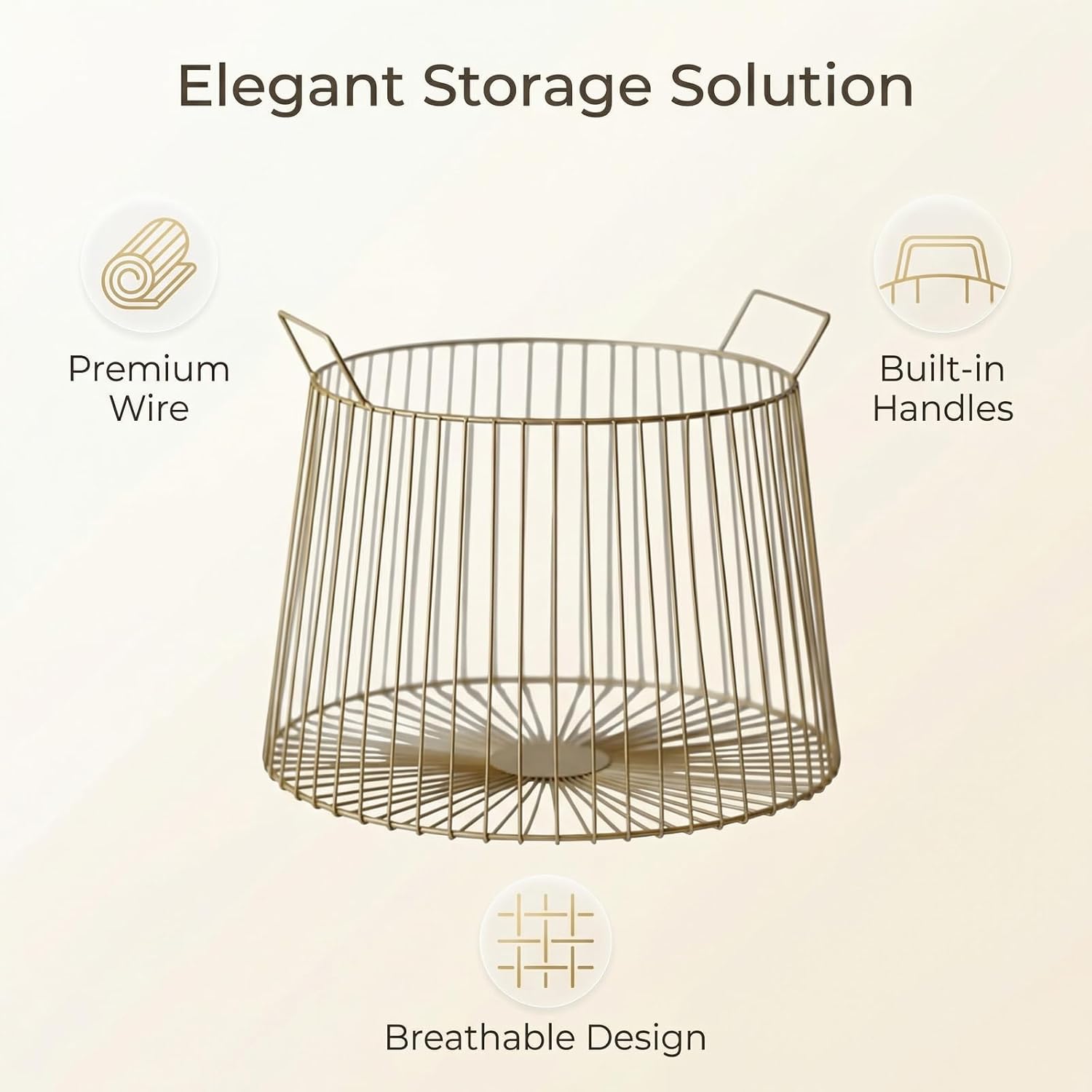 Round Metal Laundry Basket Gold Metal Wire Storage Basket Gold Metal Wire Storage Basket Large Capacity Decorative Open Grid Organizer with Handles for Living Room,Bathroom,Bedroom