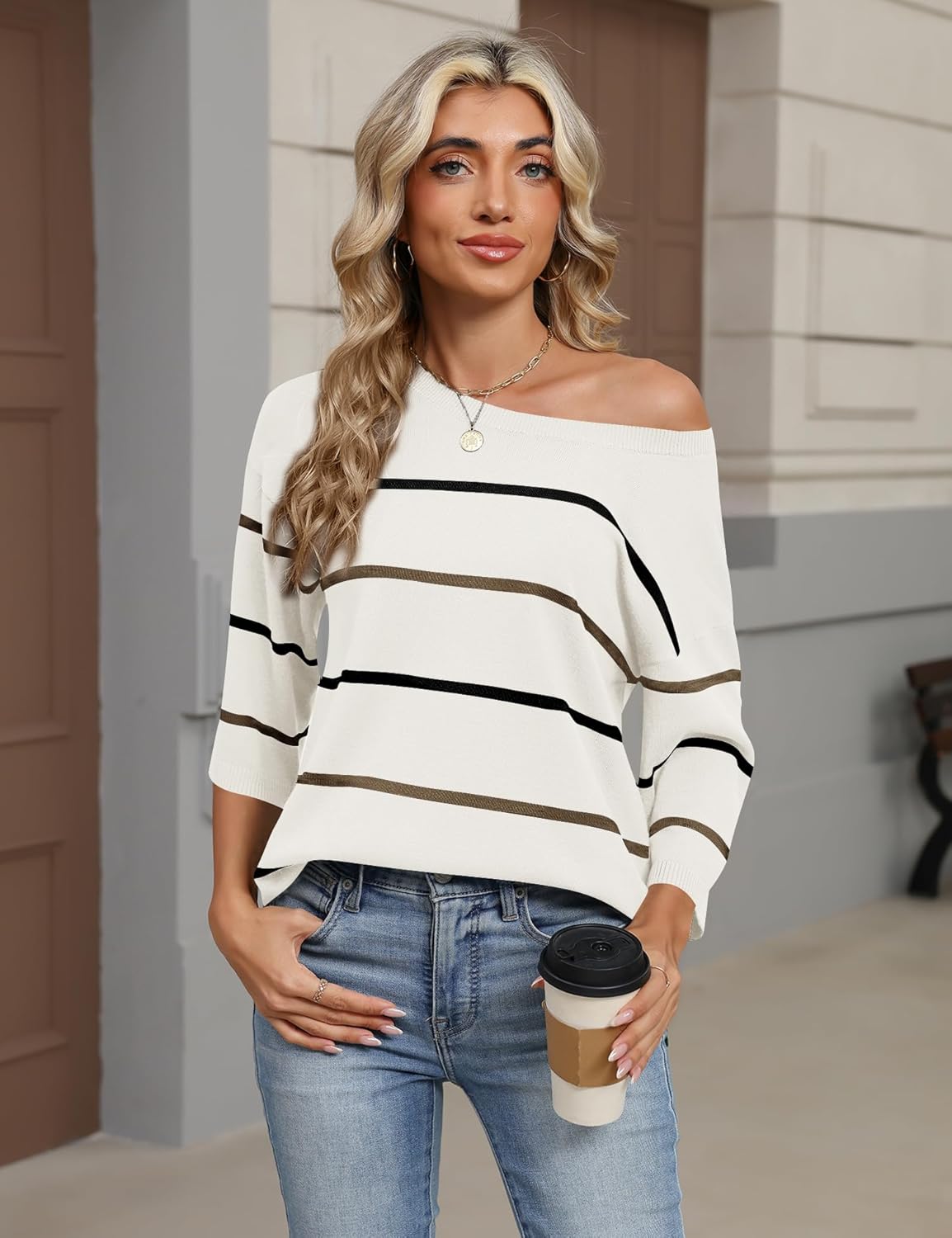 Lomon Womens Sweaters Dressy Casual 3/4 Length Sleeve Sweater Crewneck Lightweight Knit Tops Loose fit - Image 5