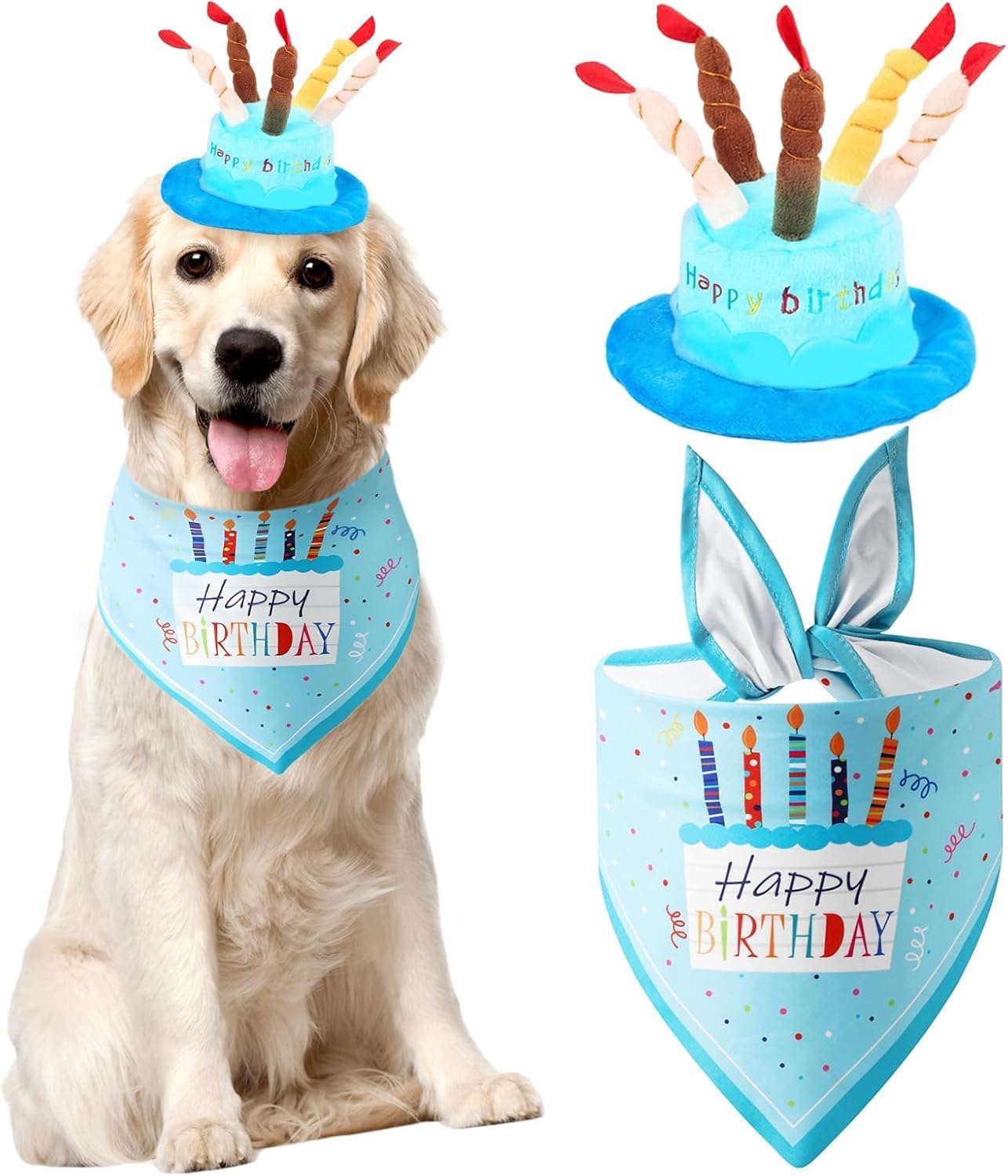 Celebration dog birthday hat, triangular scarf, with plush cake and candles, adjustable party accessory suitable for dogs and cats, size one fits best (blue)