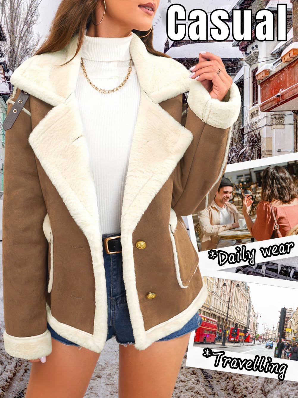 Women's Faux Suede Sherpa Lined Jacket, Oversized Fur Lapel Coat, Winter Warm Outfit Trendy - Image 7
