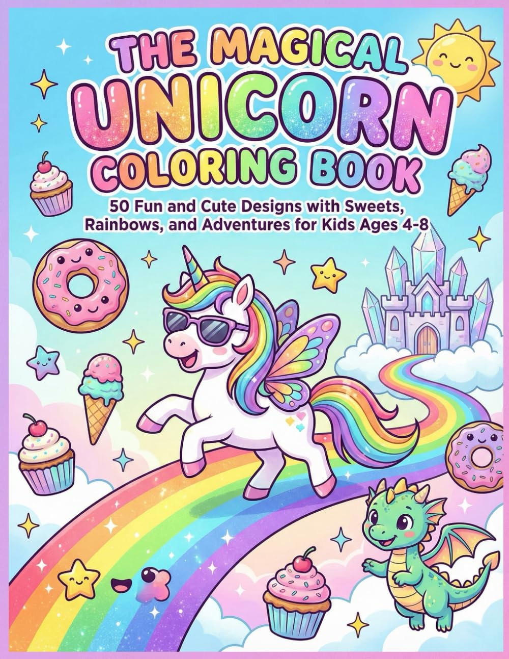 The Magical Unicorn Coloring Book: 50 Fun and Cute Designs with Sweets, Rainbows, and Adventures for Kids Ages 4-8