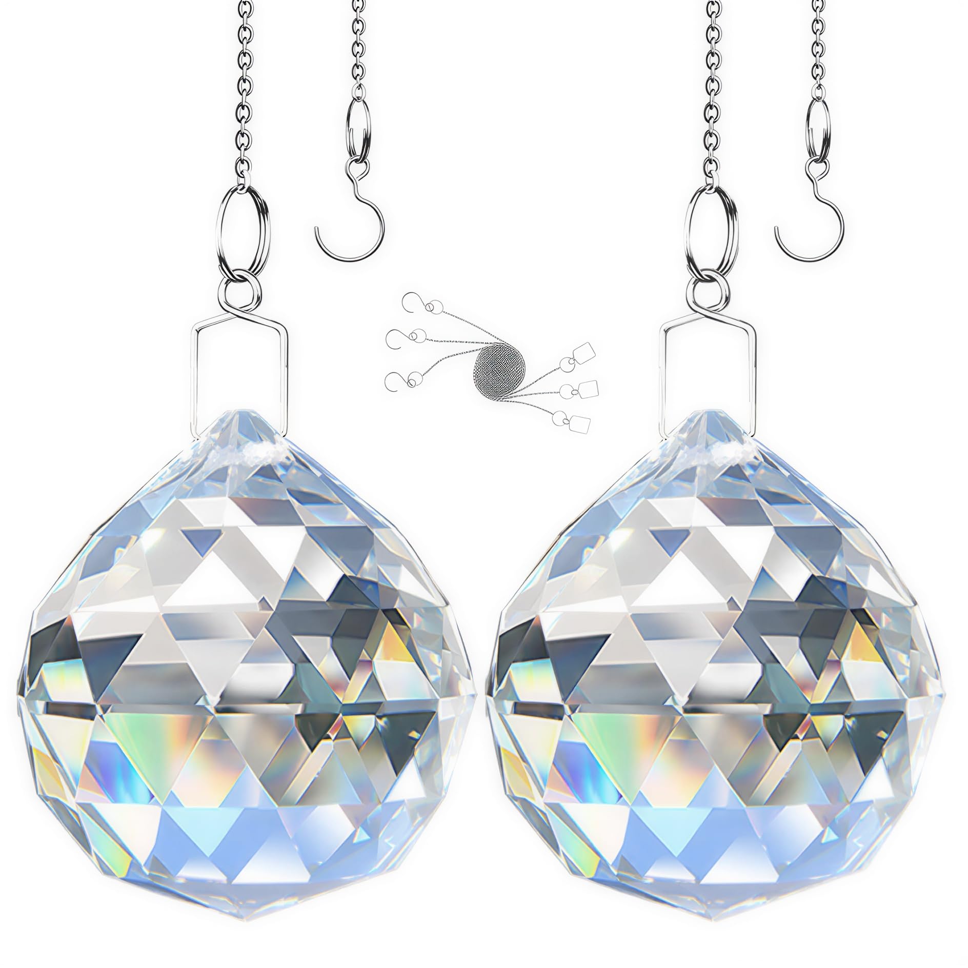 Sun Catcher with Chain & Hook for Easy Hanging - 2 Pack 60mm Rainbow Maker Prism, Crystal Ball Glass Beads Pendant for Windows Decoration, DIY Crafts, Gift Idea — image 1