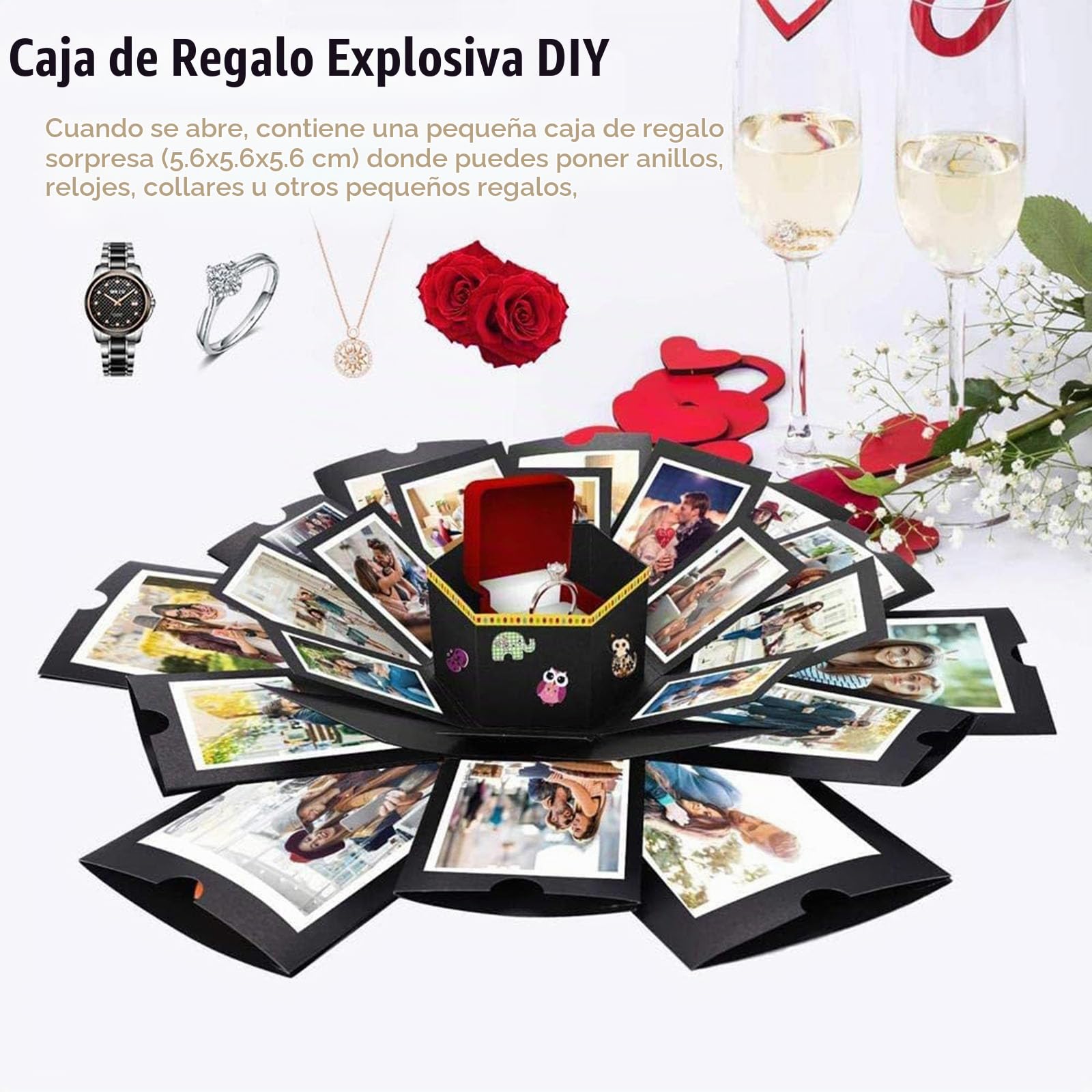 Caja Sorpresa Regalo Explosión DIY, Lepidi, Caja Sorpresa, Álbum Fotos, Aniversario, Negro, 14.3 cm x 14.3 cm x 14.3 cm