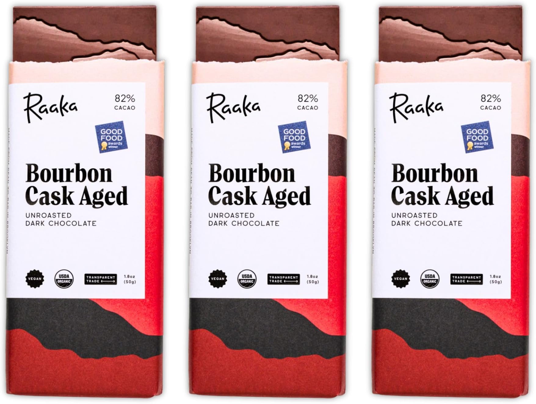 Raaka Chocolate Bourbon Cask Aged 82% Dark Chocolate | Gourmet Dark Chocolate Gift | Organic, Vegan, Soy Free, Gluten Free, Kosher | 1.8oz Bars, 3-Pack