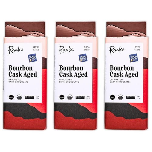 Raaka Chocolate Bourbon Cask Aged 82% Dark Chocolate | Gourmet Dark Chocolate Gift | Organic, Vegan, Soy Free, Gluten Free, Kosher | 1.8oz Bars, 3-Pack - Bourbon - 1.8 Ounce (Pack of 3)