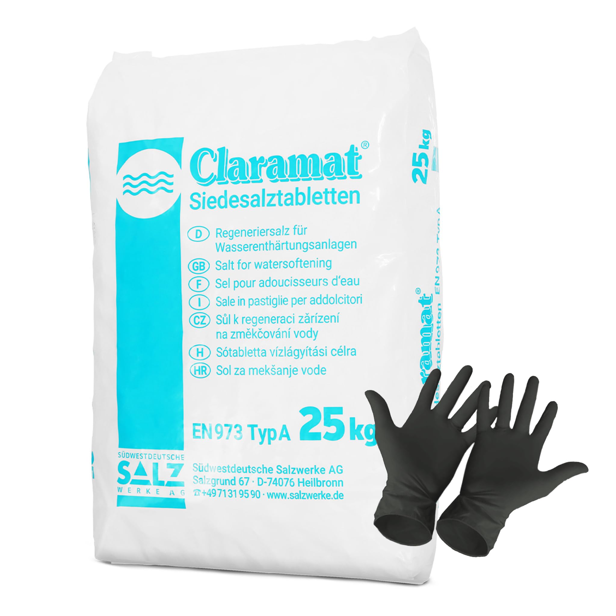 Claramat Siedesalz Tabletten 25kg Siedesalztabletten Regeneriersalz Enthärtersalz inklusiv 1 Paar ARNOMED Einweghandschuh