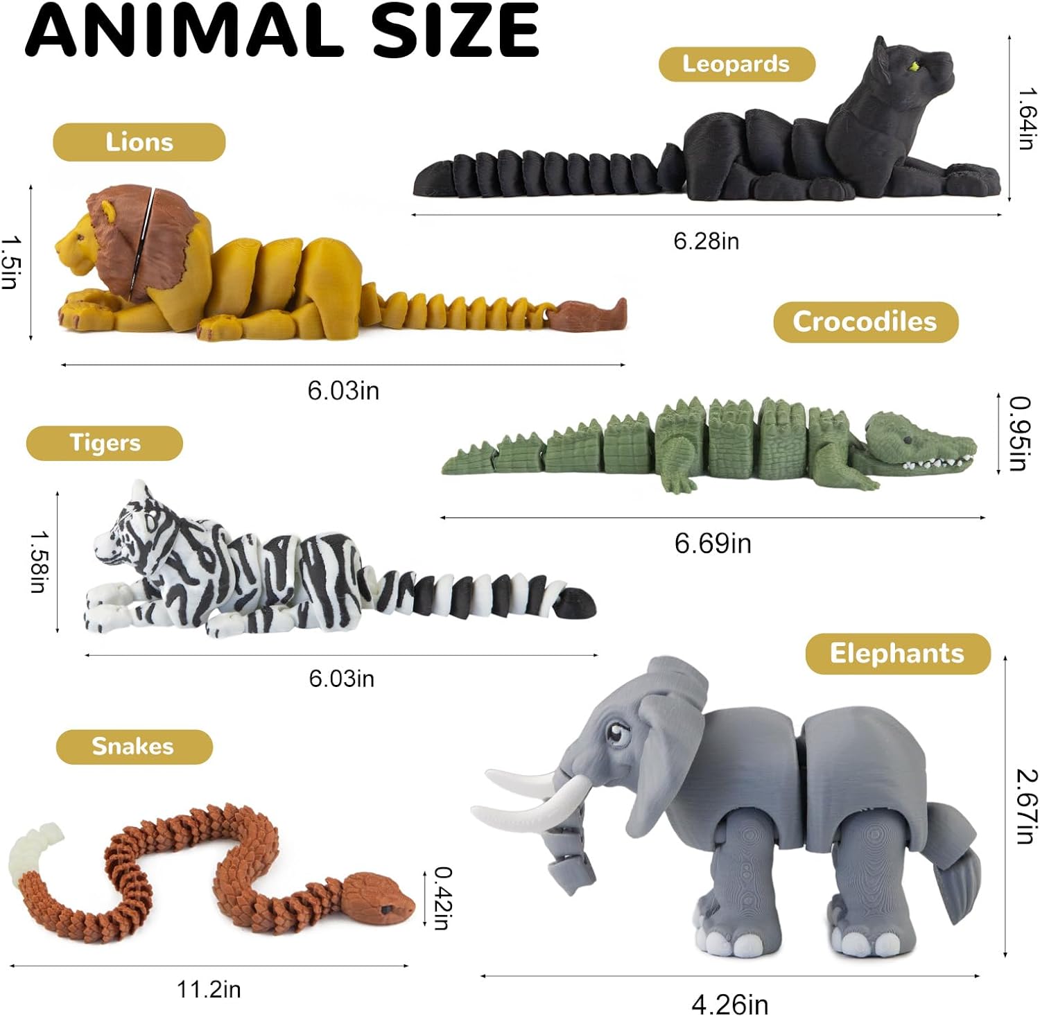 6PCS 3D Printed Safari Animals Figures Toys, Realistic Articulated Zoo Animal Toys Educational Learning Fidget Toy Cake Toppers Birthday Gift Party Favors Toy for Toddlers Kids Boys Girls