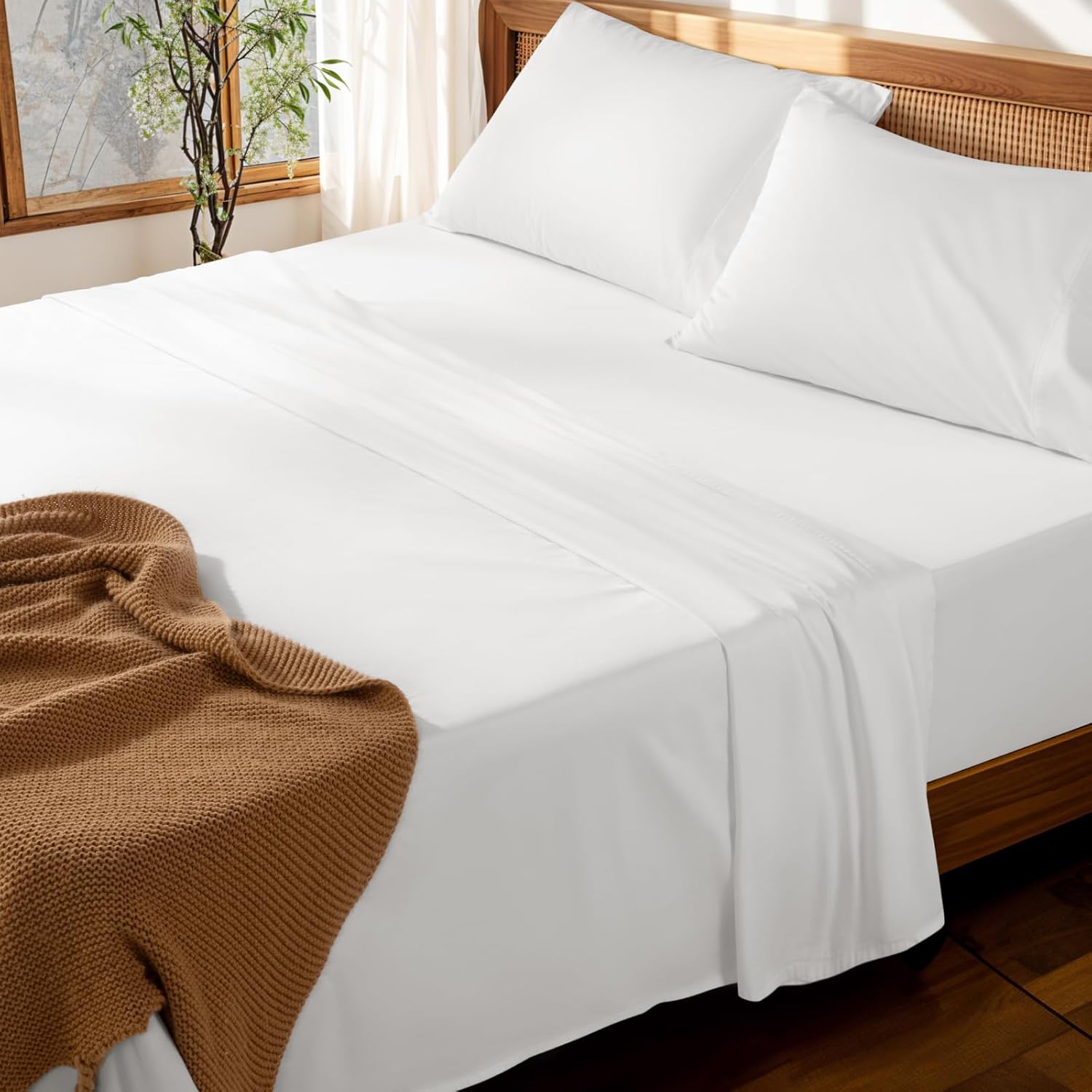 LBRO2M 100% Cotton Sheets Set Deep Pocket Up to 18"-24", 1000 Thread Count Queen Size 4 Pcs Bed Sheet Sets Soft Comfortable Bedding All Season (Queen, White)