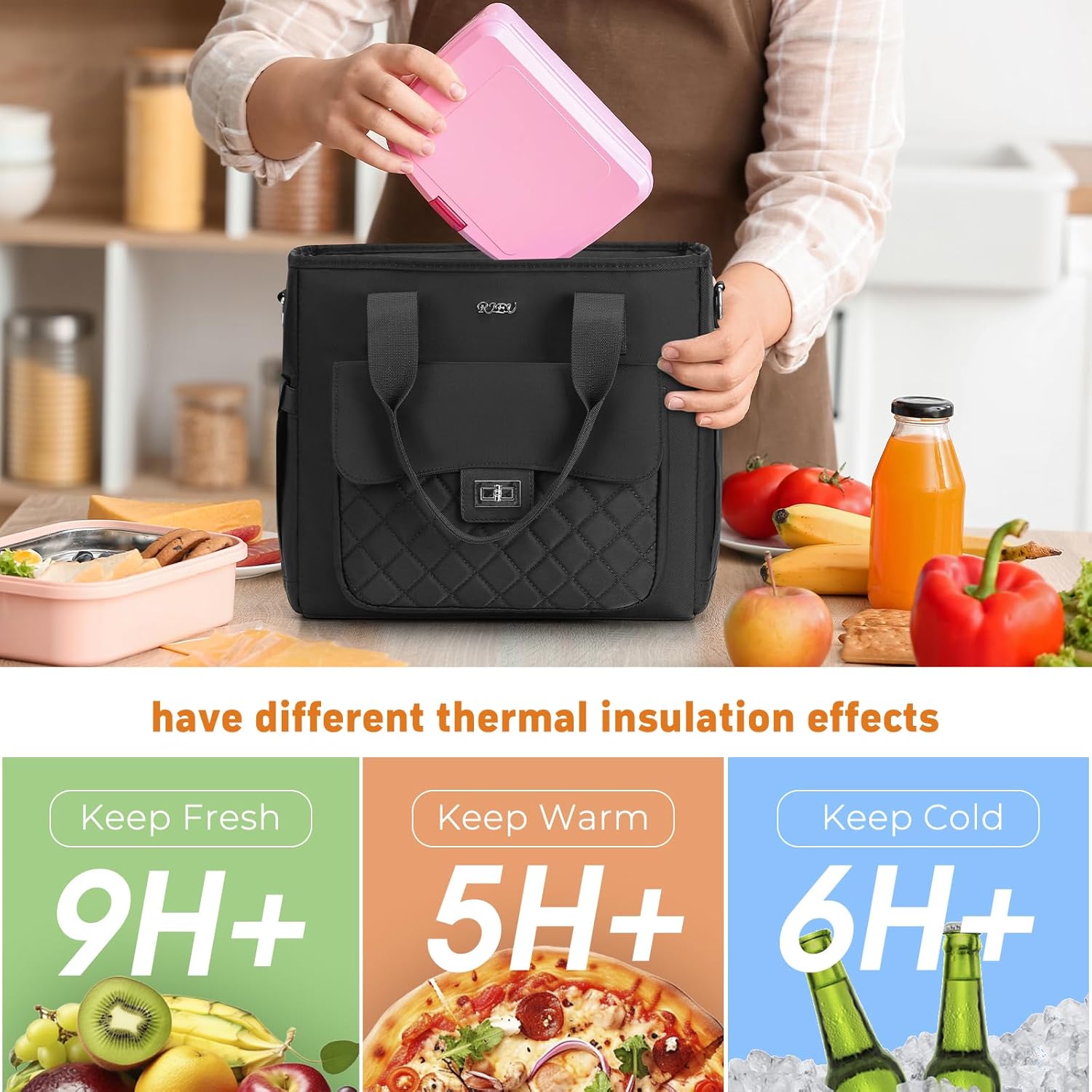 Lunch Box for Women,Insulated Lunch Bag for Adults,Leakproof Lunch Tote Bag Cooler for Work,School,Picniic,Party,Loncheras para Mujer,Black