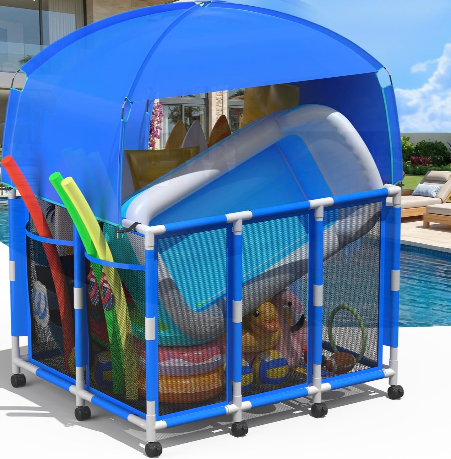 Pool Float Storage with Canopy,Pool Storage Bin XXX-Large,Outdoor Pool Toy Storage Organizer for Pool, Floats & Balls, Outdoor Pool Toy Storage with Rolling Cart for Swimming Equipments