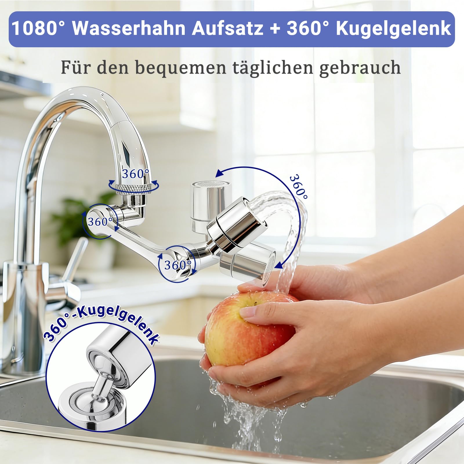 Longing Home 1080° Schwenkbarer Wasserhahn Aufsatz, 360° Kopf, 1 Stück | Robuste Drehbare Spülbecken Verlängerung Universeller Wasserhahn Verlängerung Drehbar Mit Sieb Für Küche Und Badezimmer
