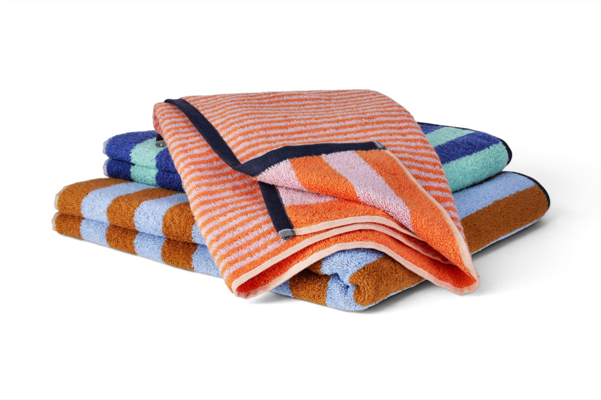 herzbach home Good Vibes - Set di 2 asciugamani da doccia, 70 x 140 cm, grandi, morbidi e assorbenti, design a righe, 100% cotone finissimo (turchese/blu)