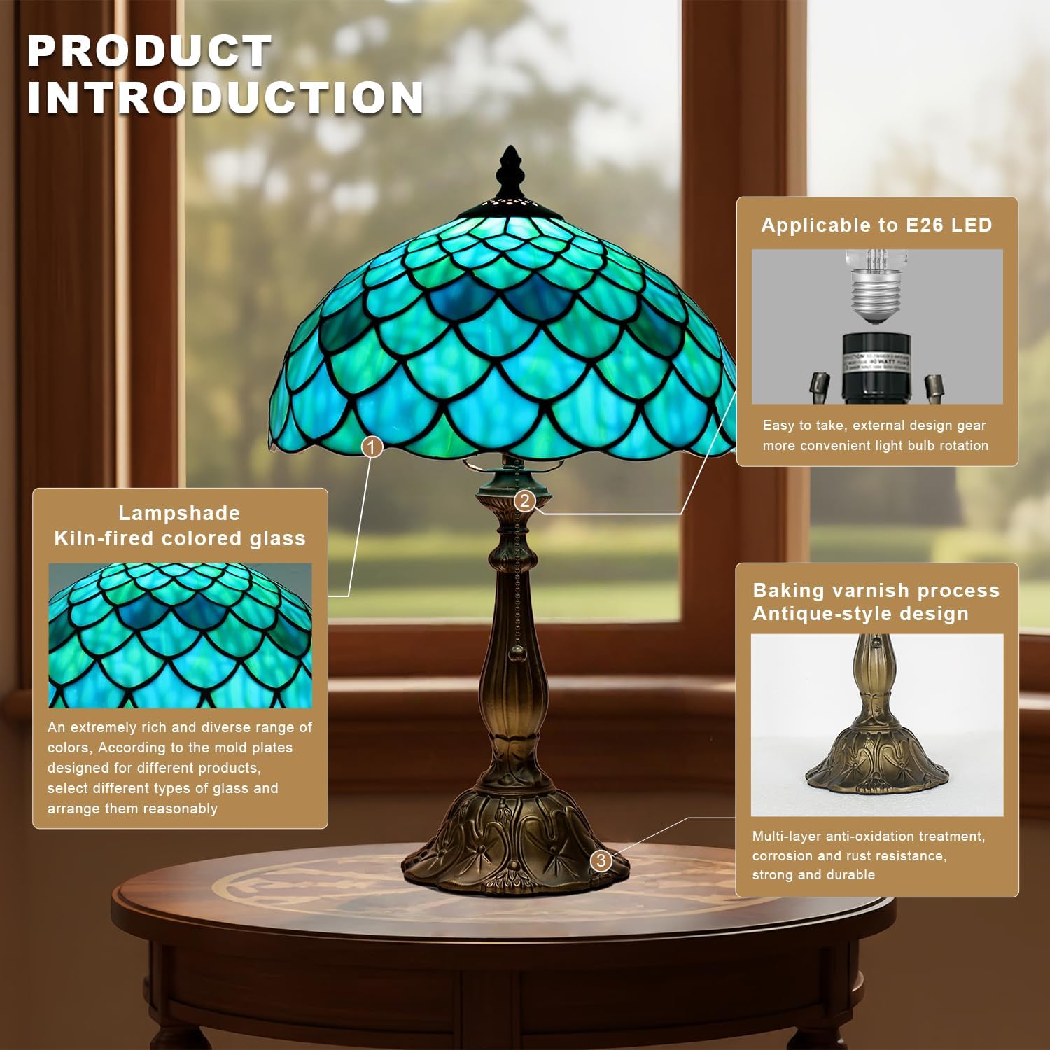 Tiffany Lamp,W12H19 Inch Stained Glass Table Lamp,Antique Desk Light,Art Decor Table Lamp(Sea Blue Style)