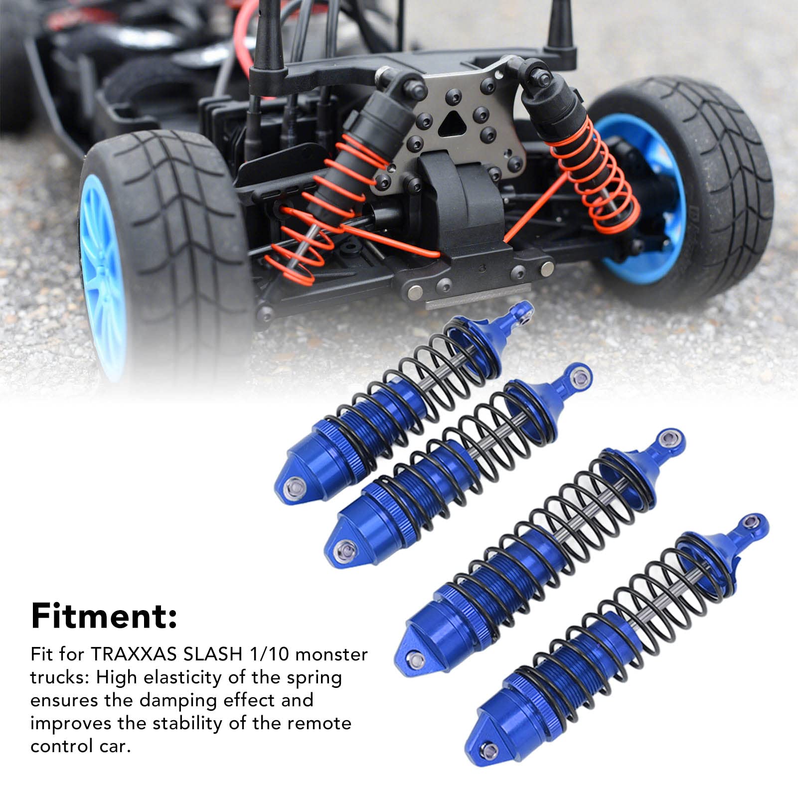 4 szt. Przedni tylny amortyzator Sprężyny ze stopu aluminium Akcesoria do amortyzatorów Amortyzacja Pasuje do samochodu SLASH 1/10 RC do gier i zawodów na świeżym powietrzu (Blue)