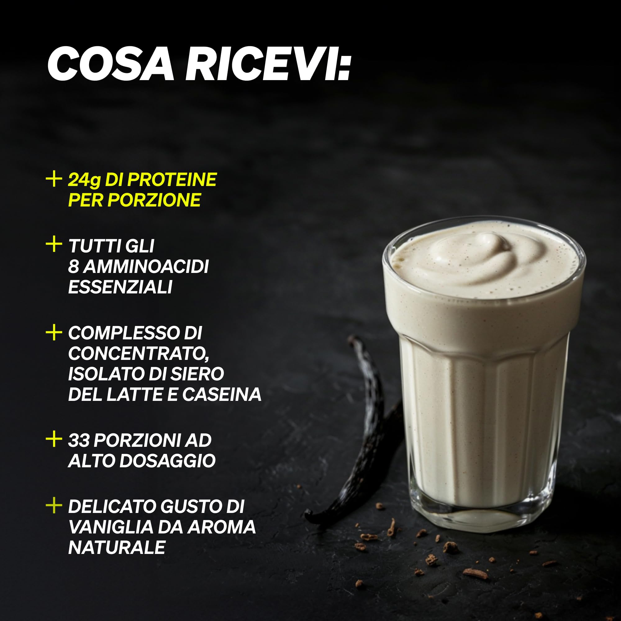 Polvere Whey alla Vaniglia 1 kg - 25 g Proteine per Porzione, Siero di Latte e Caseina, Dolcificate con Stevia, Made in Germany | natural elements