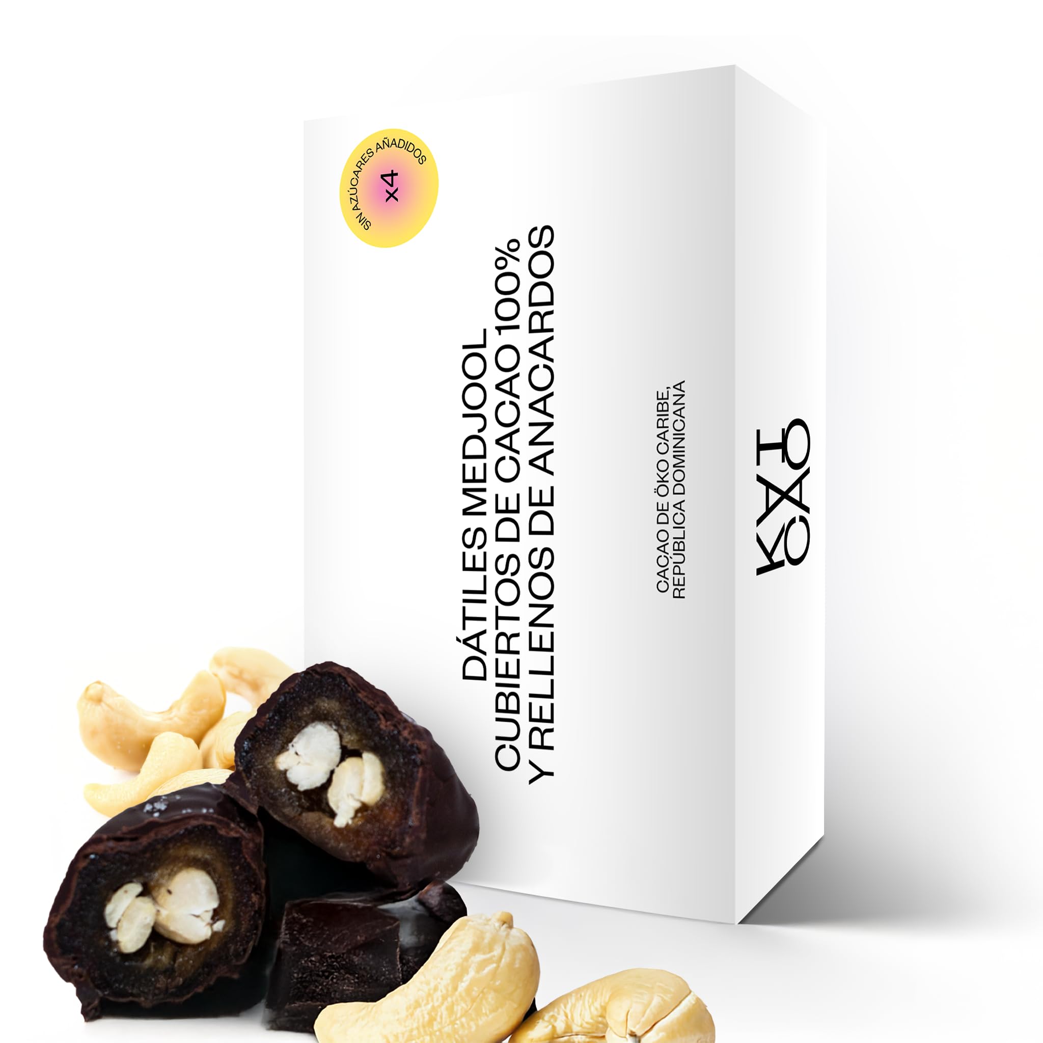 Kaicao Dátiles Medjool - Rellenos de Anarcado Tostado, Cubiertos de Chocolate Negro 100% Cacao Origen Oko, República Dominicana - Sin Azúcar Añadida - Snack Saludable - Dátil - Pack de 4 dátiles