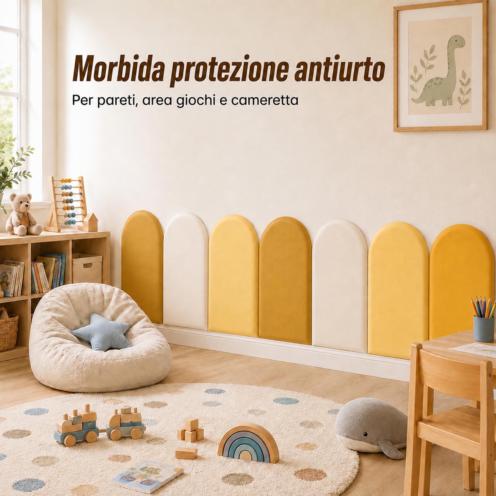 Pannelli da parete 3D, cuscinetti da parete autoadesivi, 4 pezzi, 20 x 40 cm, in poliuretano, impermeabili, per camera da letto, cameretta dei bambini (tonalità giallo)