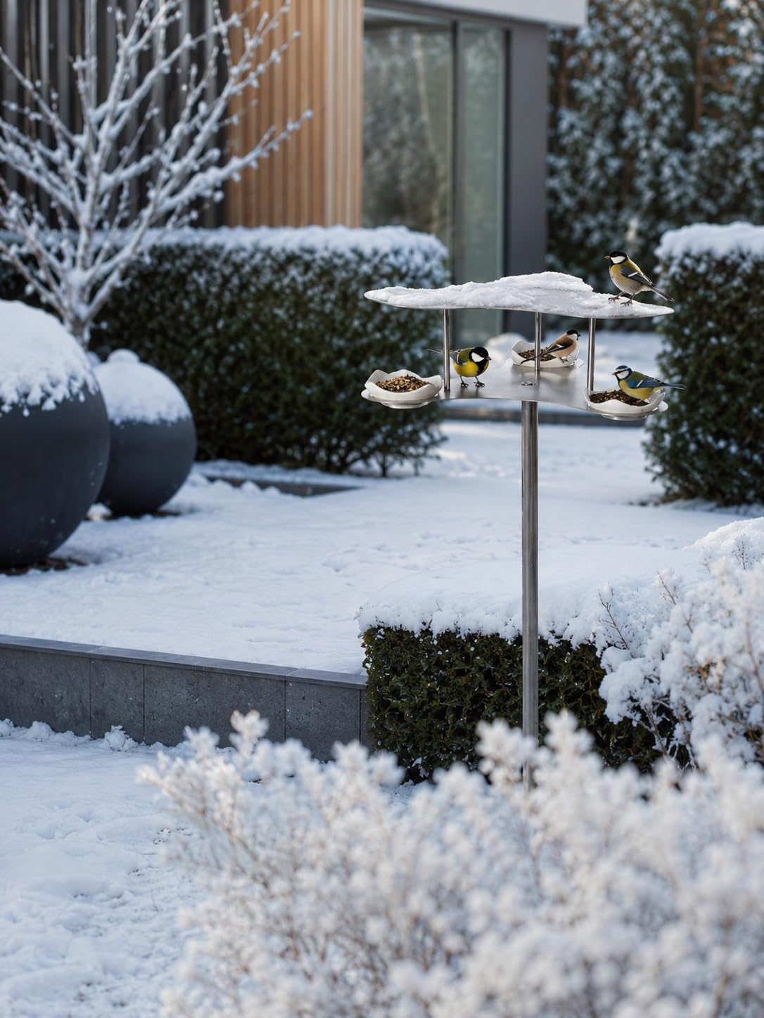 matrasa Design Vogel Futterstation Penthouse - Vogeltränke aus gebürstetem Edelstahl mit Keramikschalen - Vogelfutterstation Vogel Futterstelle 42x33x145 cm