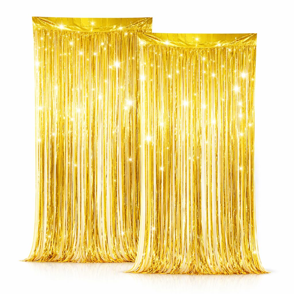 Gold Tinsel Foil fringe Curtain 2Pcs - Party Decor 3.2ft x 6.4ft | Shimmering Door & Wall Decoration for Birthday, Wedding, Christmas, New Year, Photo Booth & Hen party.