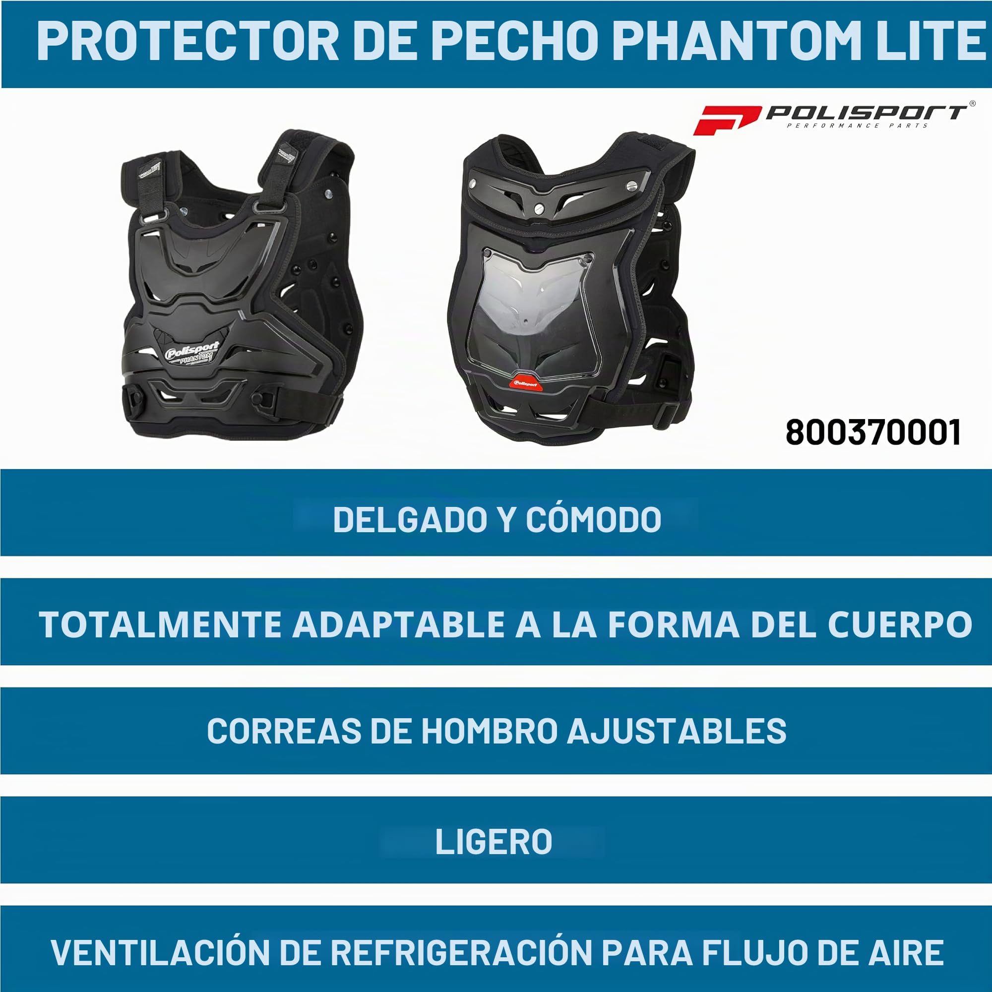 POLISPORT 8003700001 - Protector de peto Phantom Lite con hombreras ajustables y hebillas en el pecho, confortable y adaptable al cuerpo en color negro