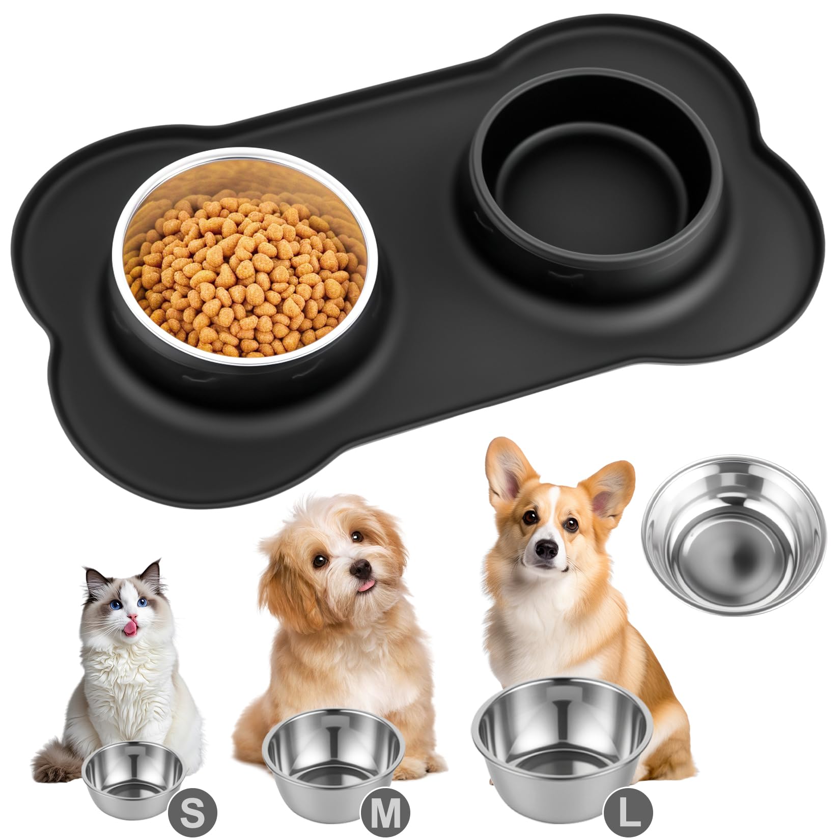 Double Stainless Steel Dog Bowls Puppy Cat Bowls, Non Spill Dog Water Bowl with Puppy Silicone Feeding Mats Trays, for Cats Puppies Small Dogs Food Water Mats & Bowl (L 49 x 28 cm)