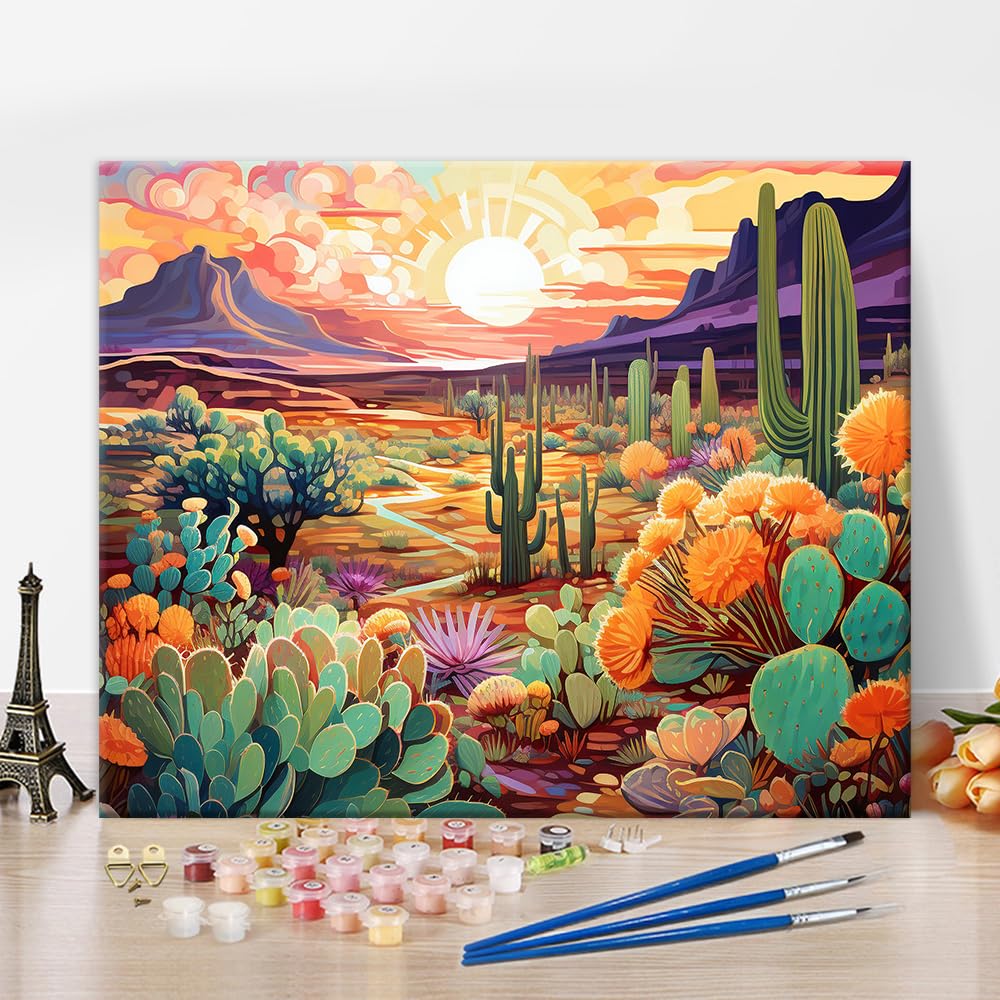 TISHIRON Succulent Paint by Numbers Kit for Adults - Abstract Fantasy Desert Landscape, Watercolor Art Crafts for Kids - 16x20 Inches Frameless