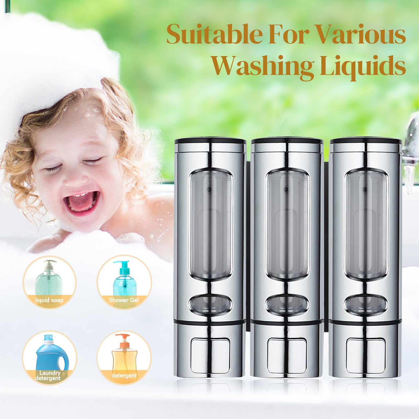 Dispenser di sapone da parete senza foratura, dispenser per shampoo e balsamo, 400 ml x 3 dispenser per shampoo, bottiglie trasparenti ricaricabili, per doccia da bagno, argento