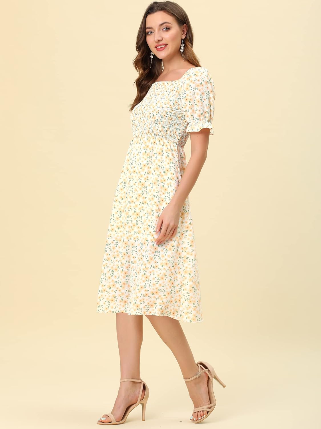 Allegra K Women's Cottagecore Floral Dress Puff Sleeves Smocked Midi Dresses - Image 3