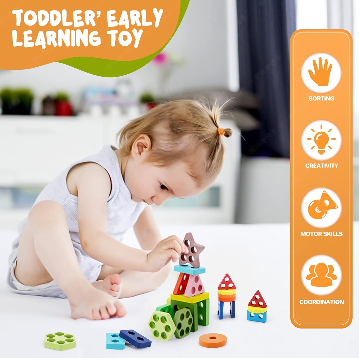 Kizmyee Montessori Toddler Toys, 24pcs Geometric Shapes Sorting and Stacking Block Board, Wooden Educational Puzzles Gift for 1 2 3 Years Old Baby Boys Girls Toddlers 5 710Vh5C7SwL. AC SL1500