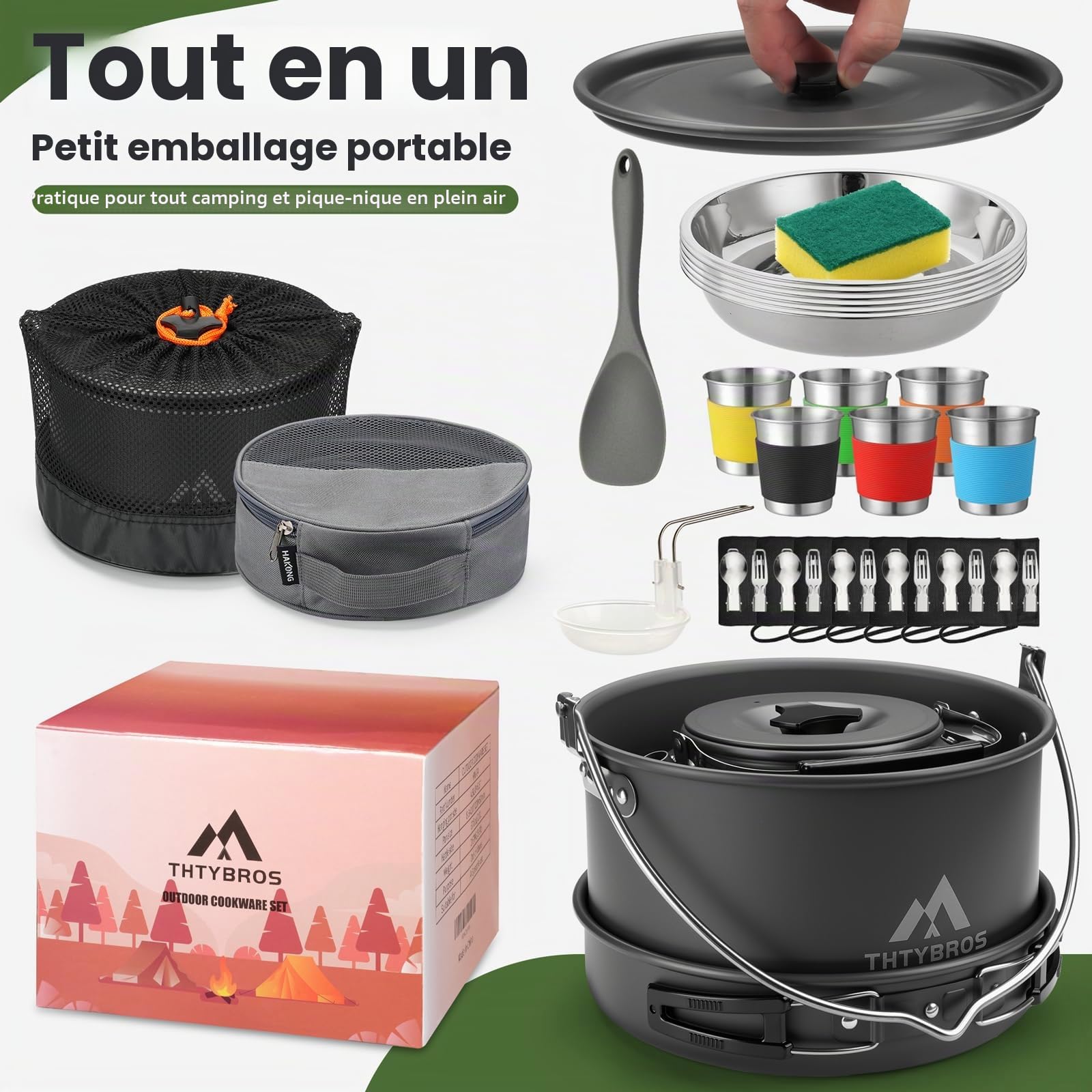 THTYBROS Kit de Cuisine de Camping 43 pièces en Aluminium Robuste pour 6 Personnes, avec Casserole, Bouilloire, poêle, gobelets et Vaisselle pour randonnée et Pique-Nique