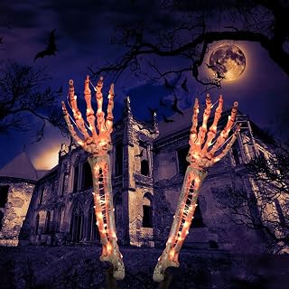 Halloween Decorations, 2Pack Lighted Skeleton Arms Hand Stakes 40LEDs Realistic Looking Skeleton Hands Halloween Lights 8 Modes Waterproof Battery Operated for Outdoor Indoor Yard Lawn Garden Decor
