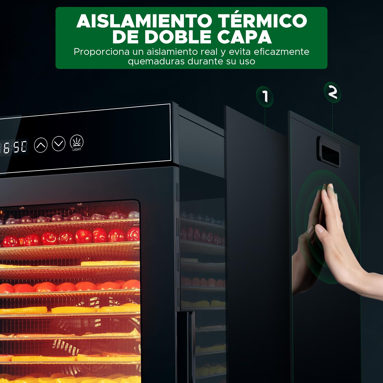 Kwasyo Deshidratador de Alimentos de 12 Bandejas de Acero Inoxidable, Todo en Negro, Estructura de Doble Capa, Gran Capacidad, Deshidratador para Frutas, Pescado, Verduras, Carne, Jerky, Hierbas