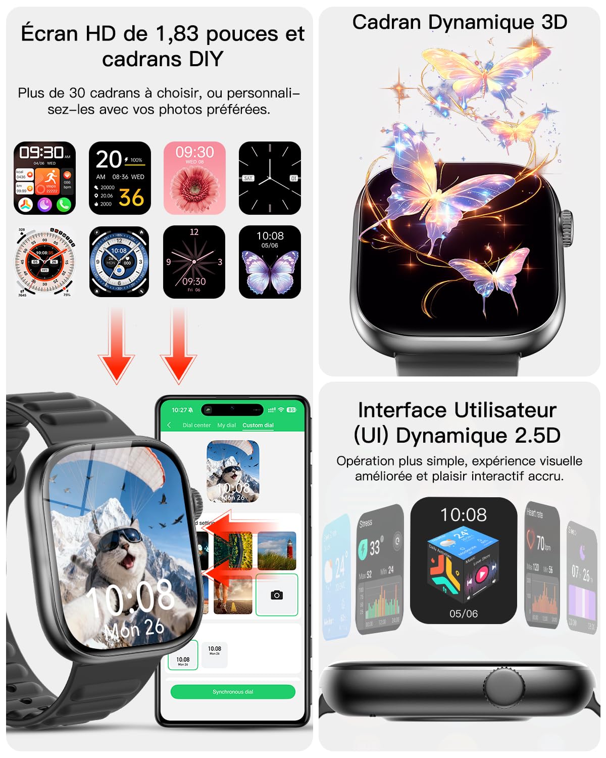 Marsyu Montre Connectée–Appels Bluetooth, Sport, Surveillance de la Santé | 1,83" HD Appels Notifications Musique. Suivi santé : fréquence cardiaque, SpO₂, sommeil et respiration, 100+ modes sportifs