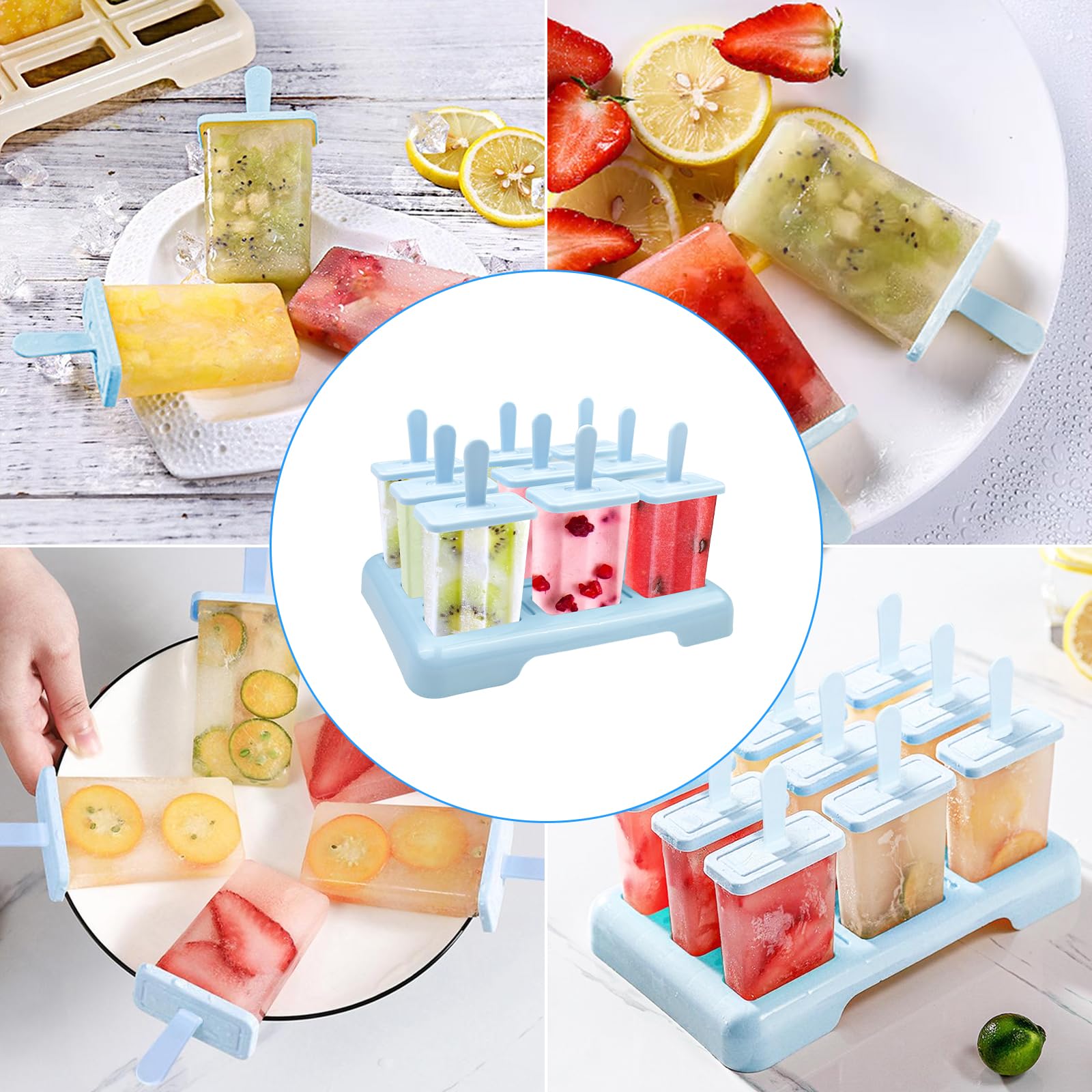 Traxenta 9Pcs moldes helados, reutilizable molde helado, Alimentaria libres de BPA, Incluye cepillo de limpieza y embudo de silicona, para Paletas y Helados Caseros (9 Cavidades-azul)