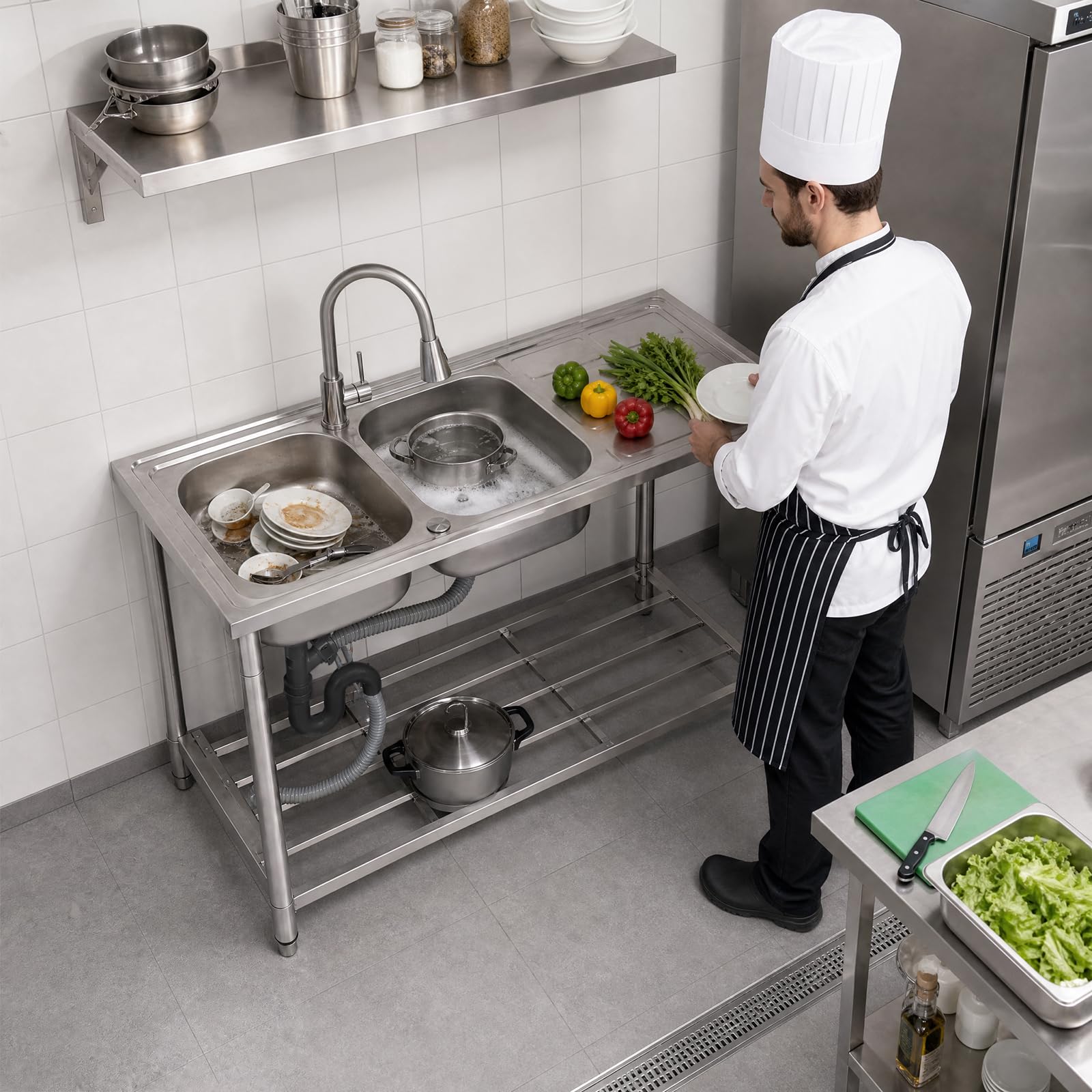 2-Kammer-SpüLe Freistehende KüChenspüLe SpüLbecken Edelstahl Doppelbecken WäSchespüLe SpüLtisch Mit Drehen Ausziehbarem Wasserhahn AblagefläChen FüR KüChen Restaurants Garagen Hotel 120 * 50 * 80Cm